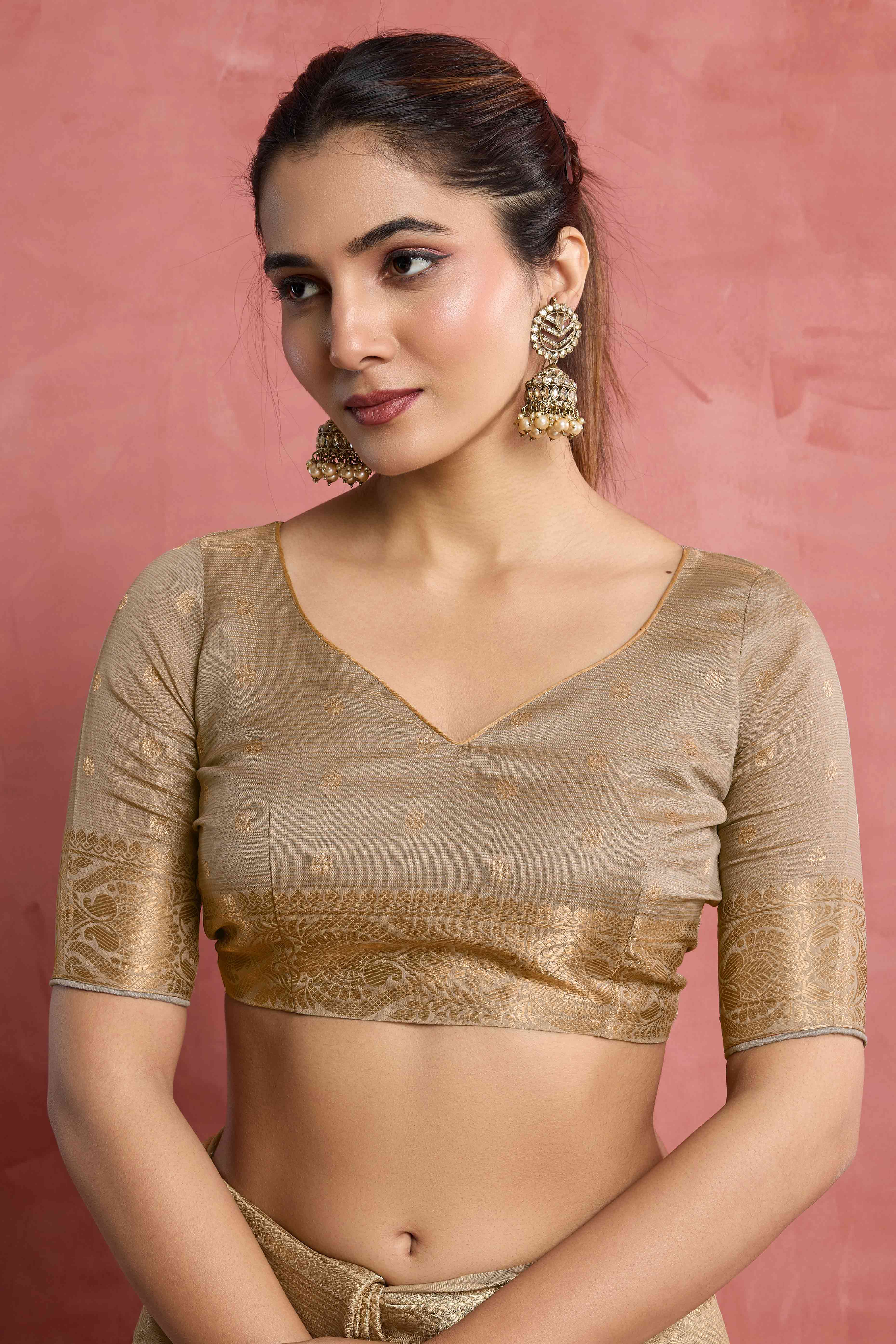 Contemporary Beige Silk Blend Saree Flaunting Alternate Butta With Piping & Tassel Accents