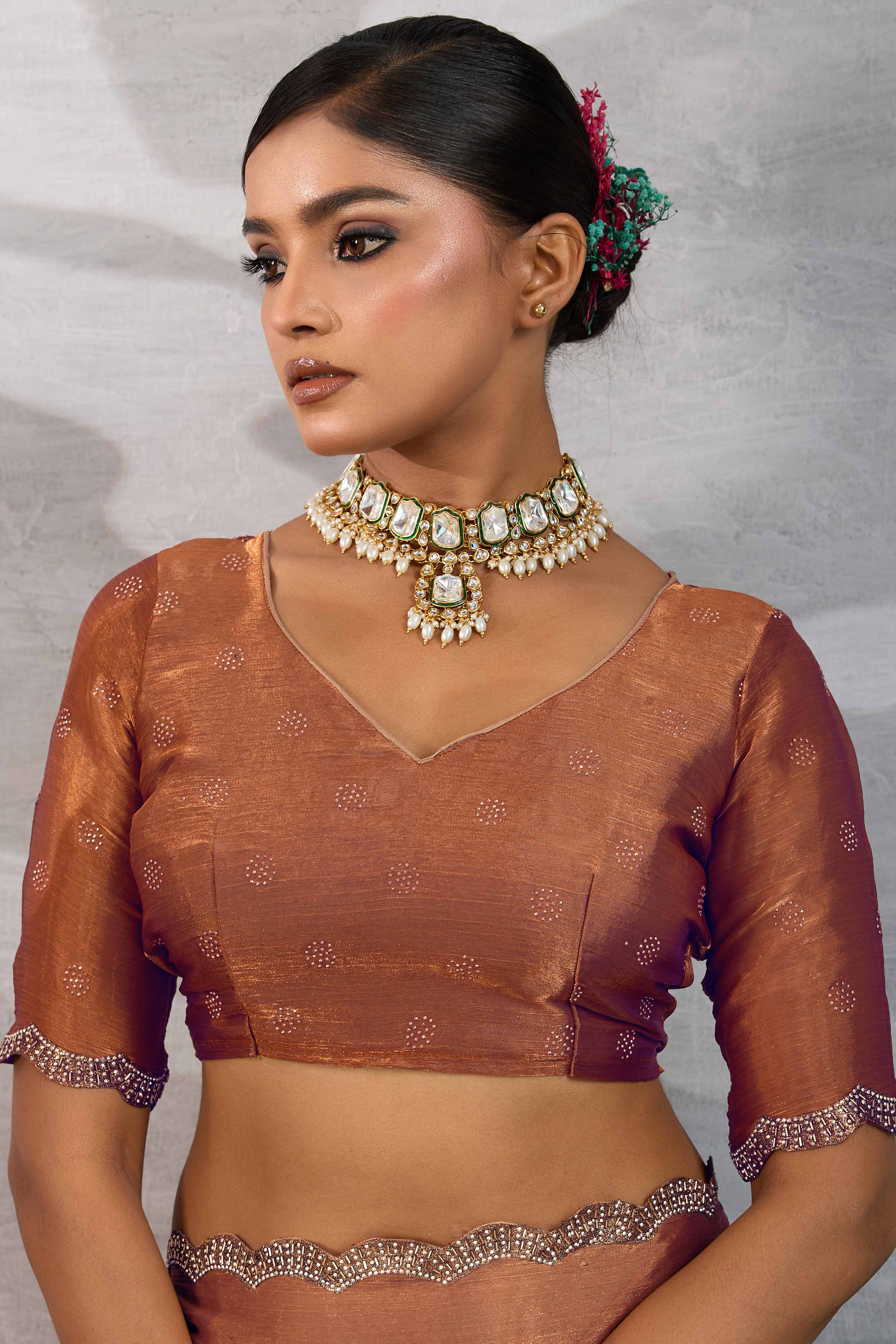 Rust Burberry Chiffon Saree Embellished With Zarkan & Cutdana Appliqué Lace Border