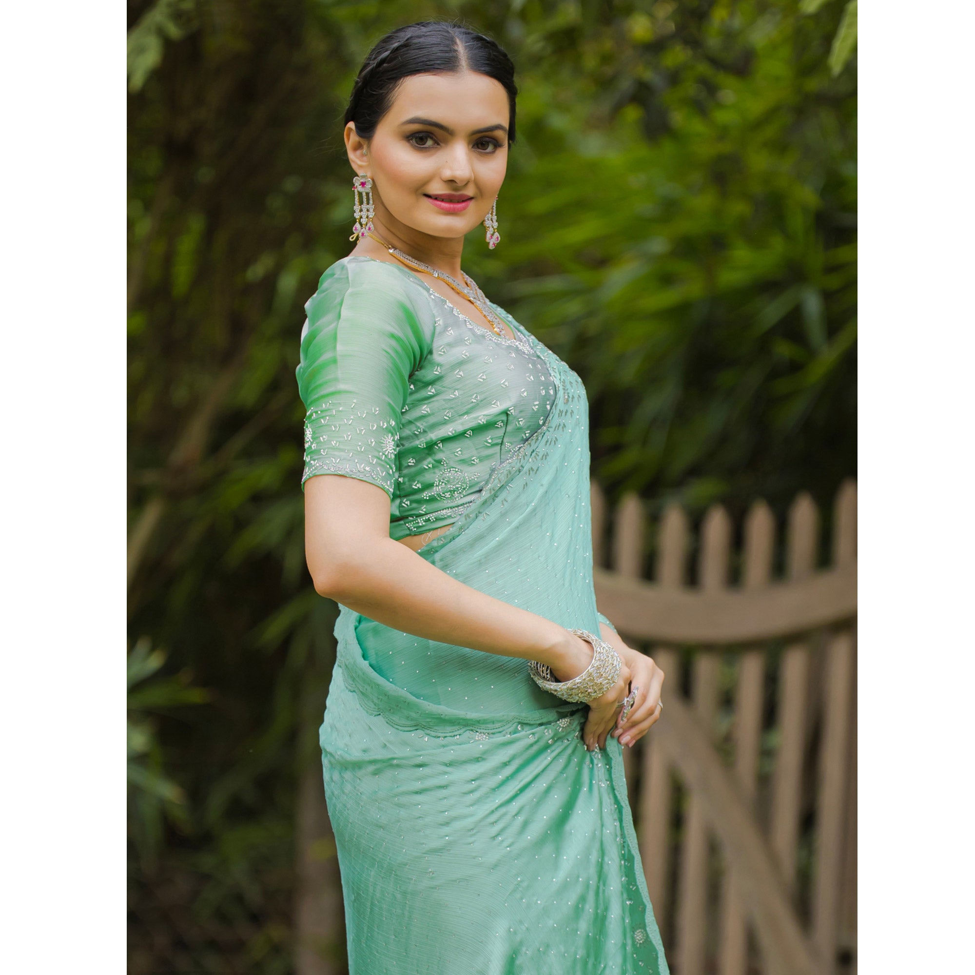 Rama Green Embellished Satin Saree With Stones Work