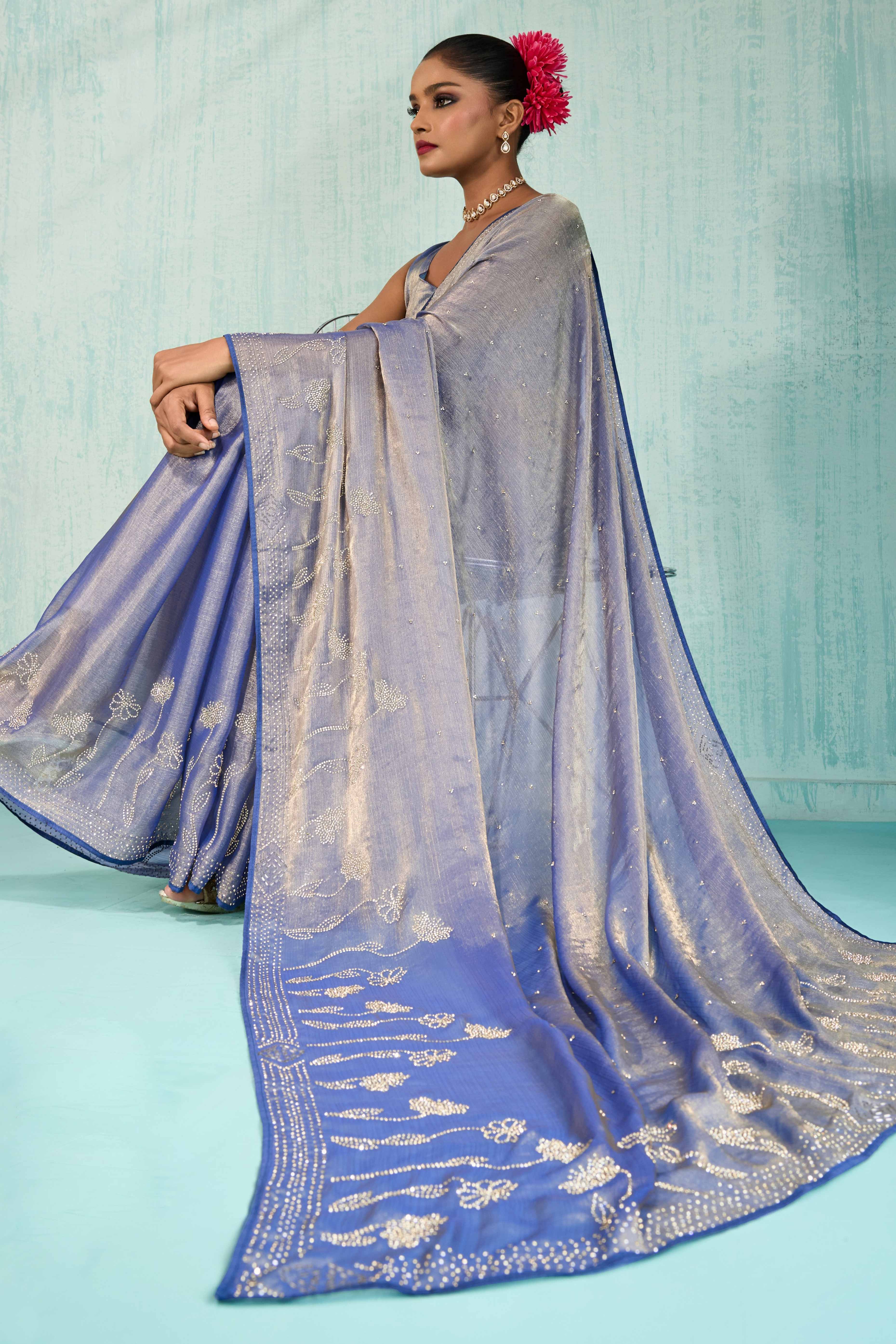 Elegant Party Wear Saree in Lavender Chiffon with Stone Embellishment