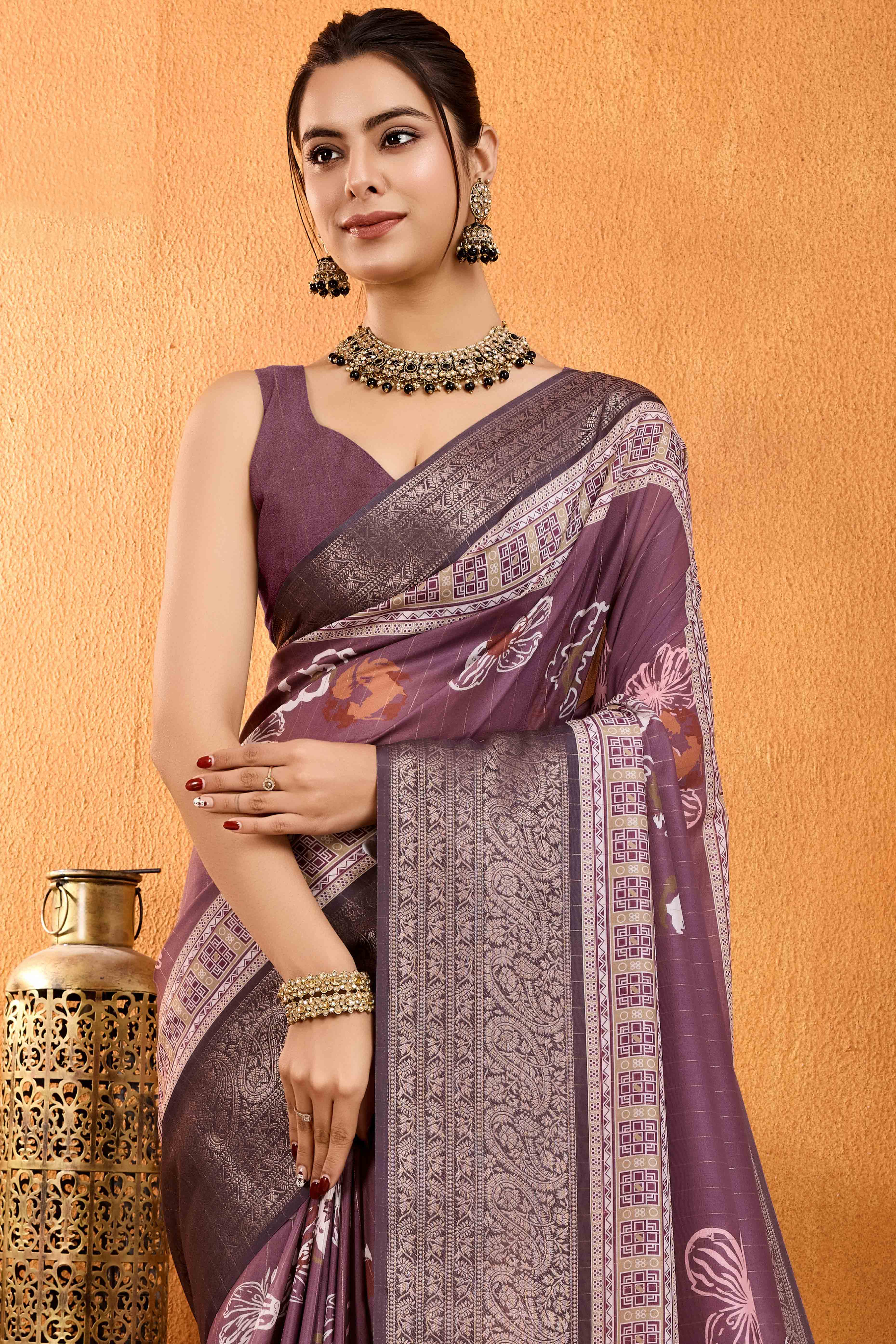 Dark Mauve Floral Printed Crepe Saree With Rich Zari Border