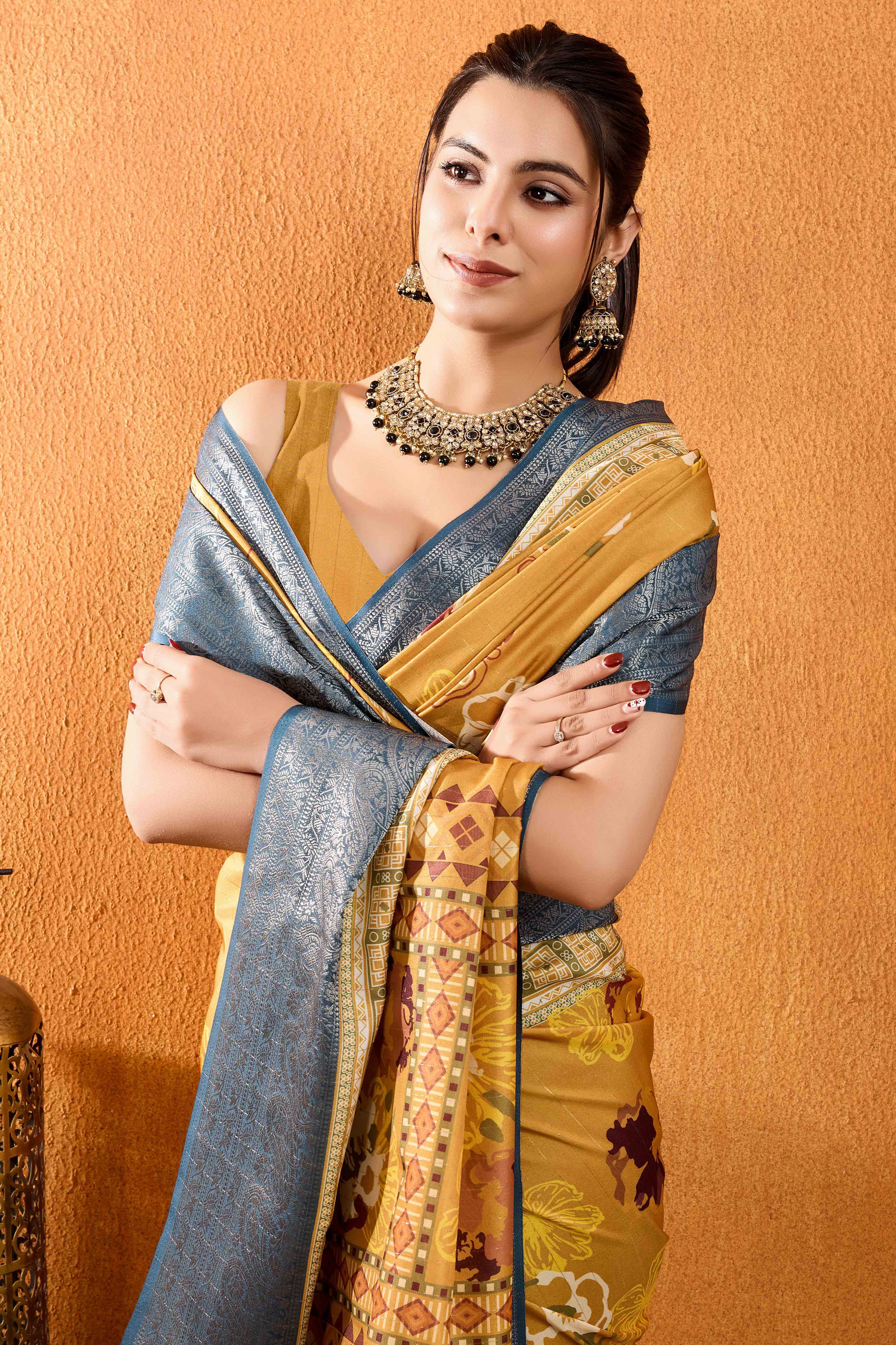 Mustard Floral Printed Crepe Saree With Rich Zari Border