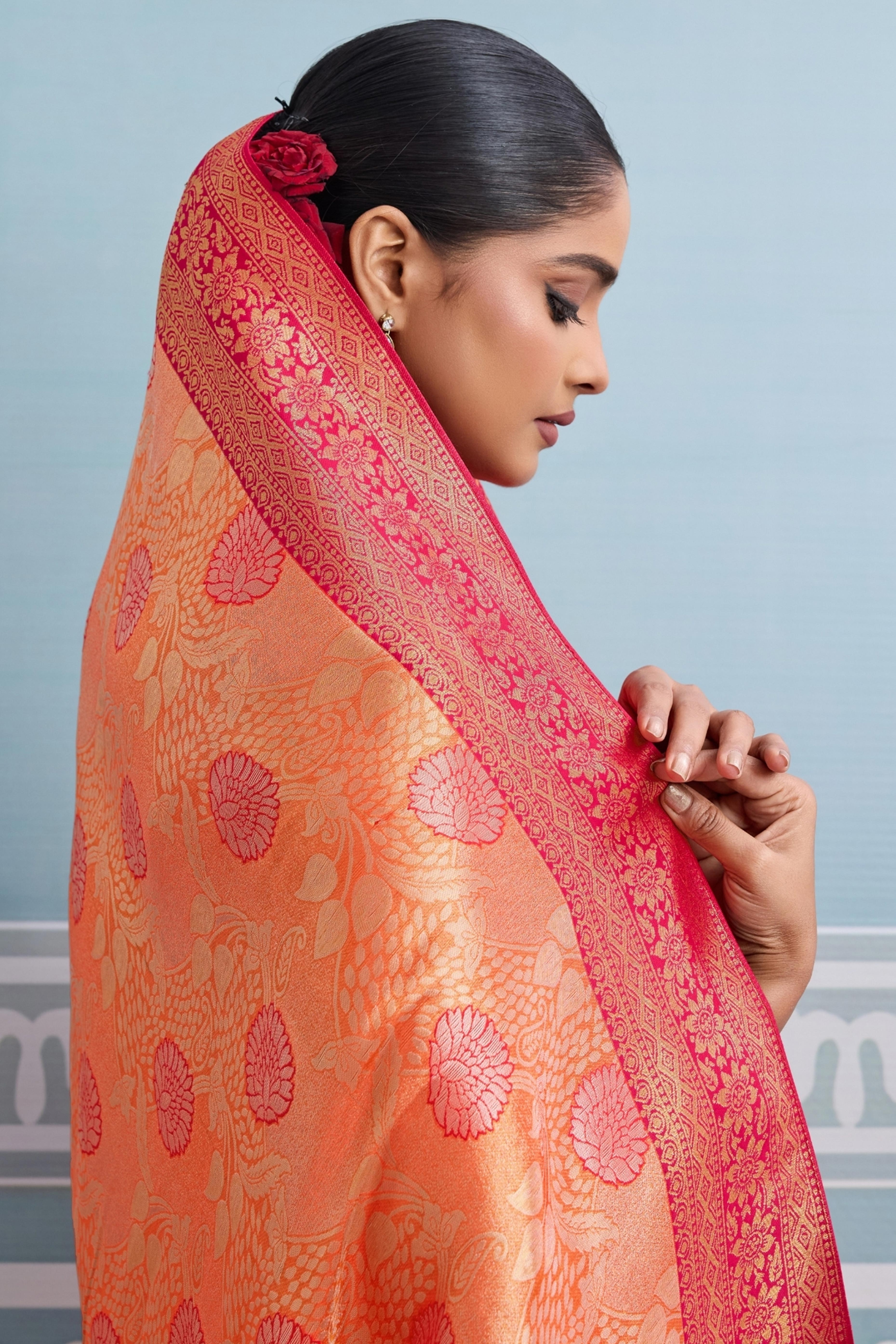 Orange Soft Kanjivaram Silk Saree with Exquisite Zari Weaving