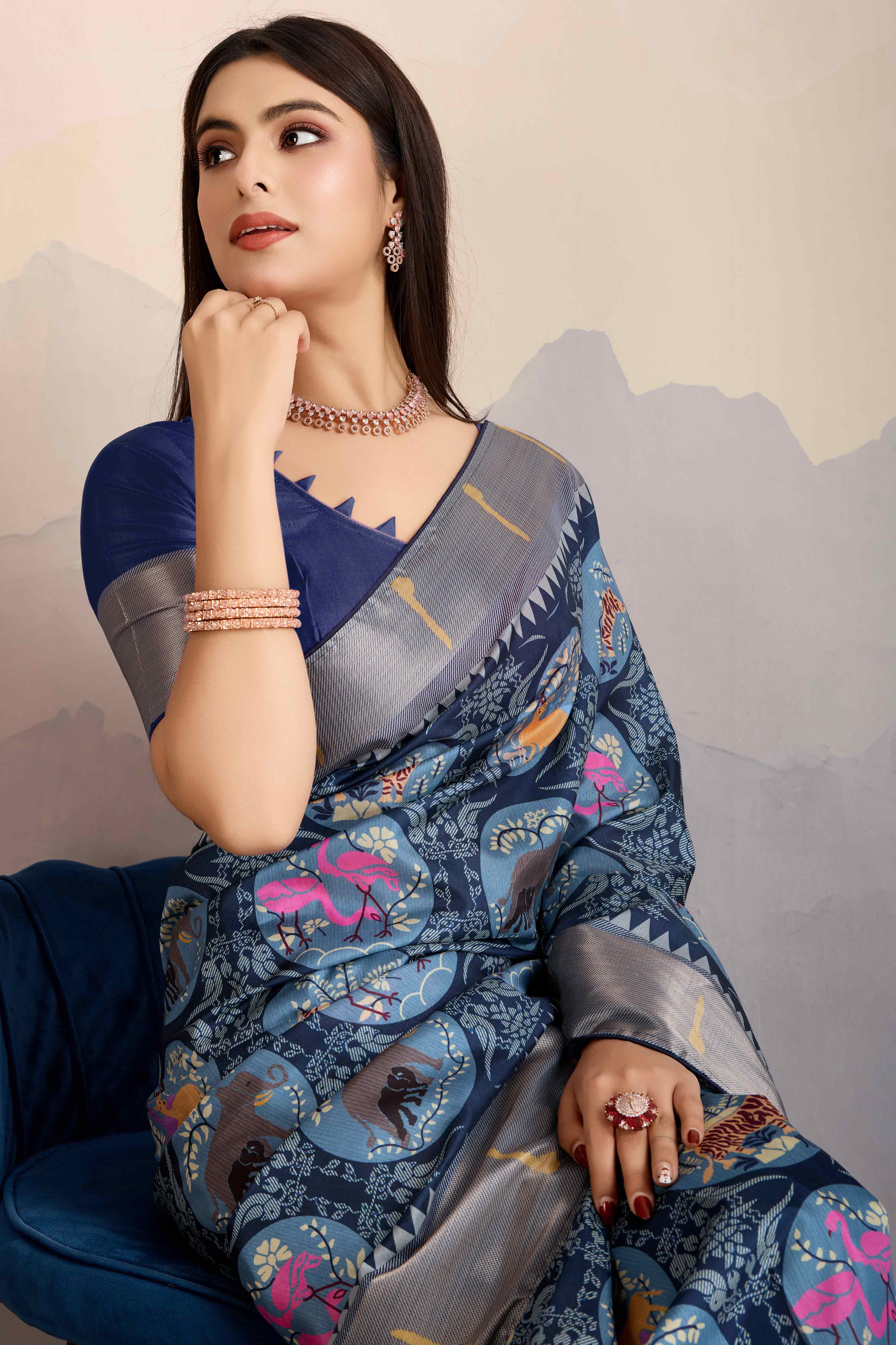Blue Digital Printed Dola Silk Saree With Exquisite Weaving Zari Border & Opulent Pallu