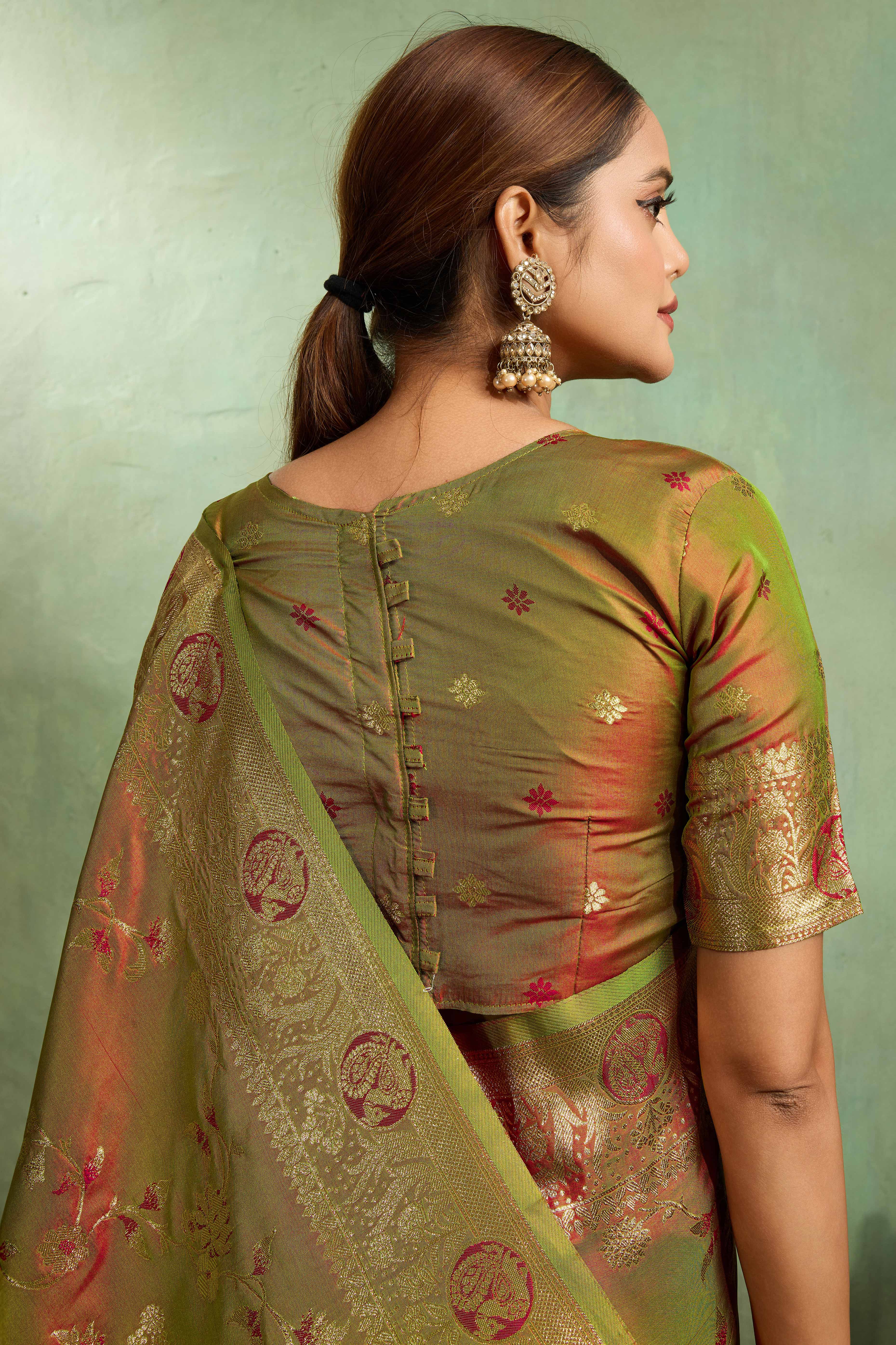 Olive Dual Tone Banarasi Silk Saree Accented with Meenakari Weaves