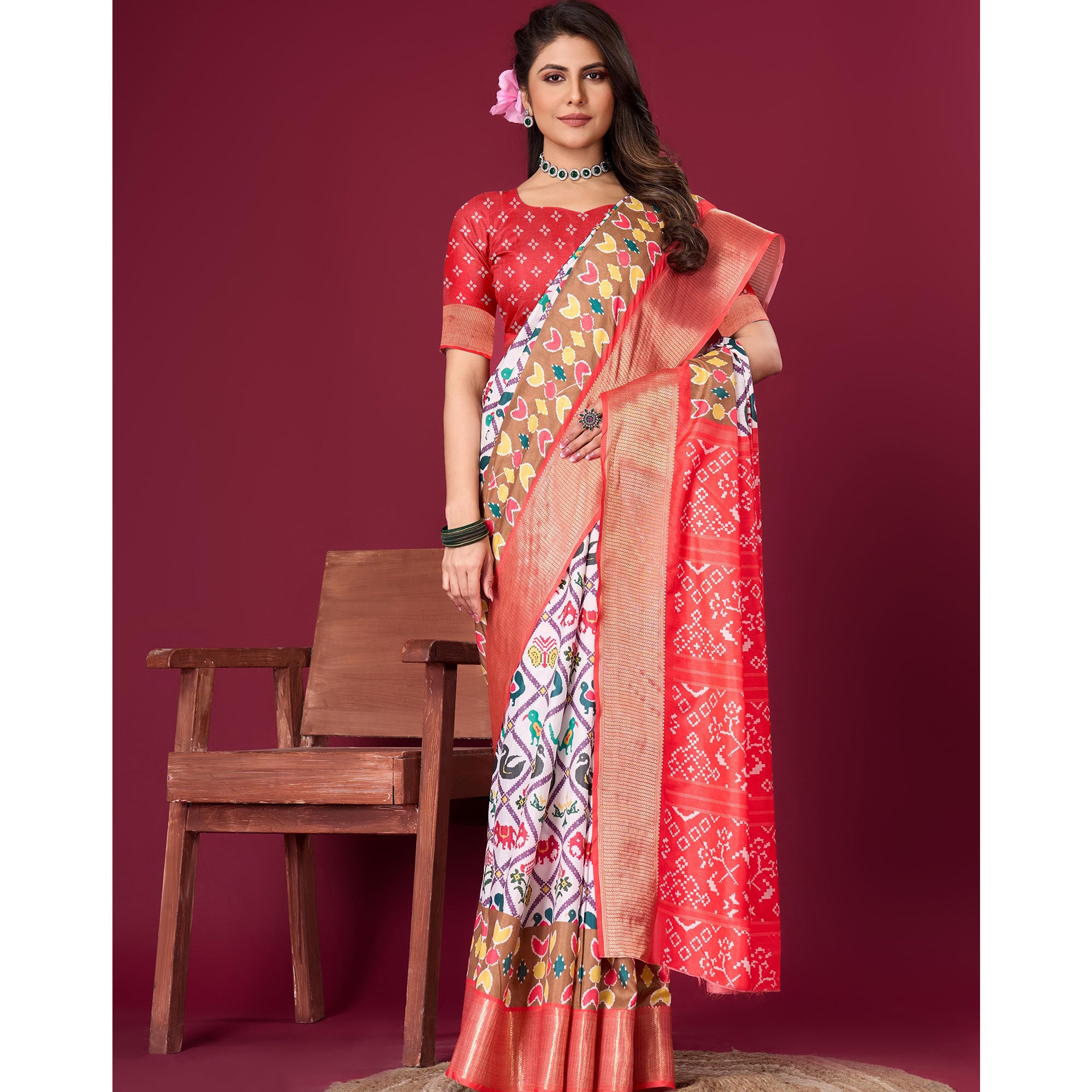 White & Red Digital Patola Printed With Woven Border Dola Silk Saree