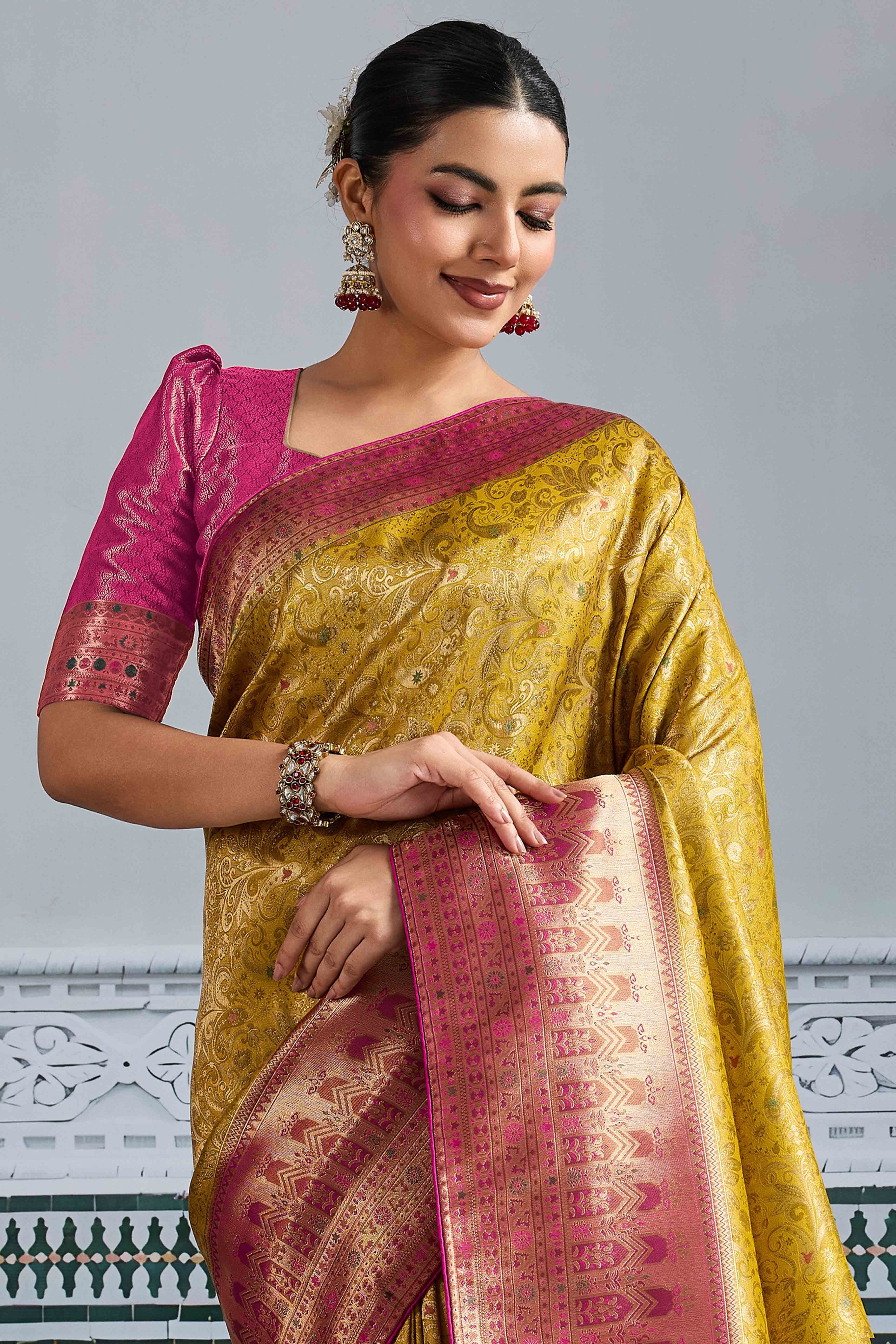 Mustard Floral Meenakari Weaving Kanjivaram Silk Saree With Rich Piping & Tassel Pallu