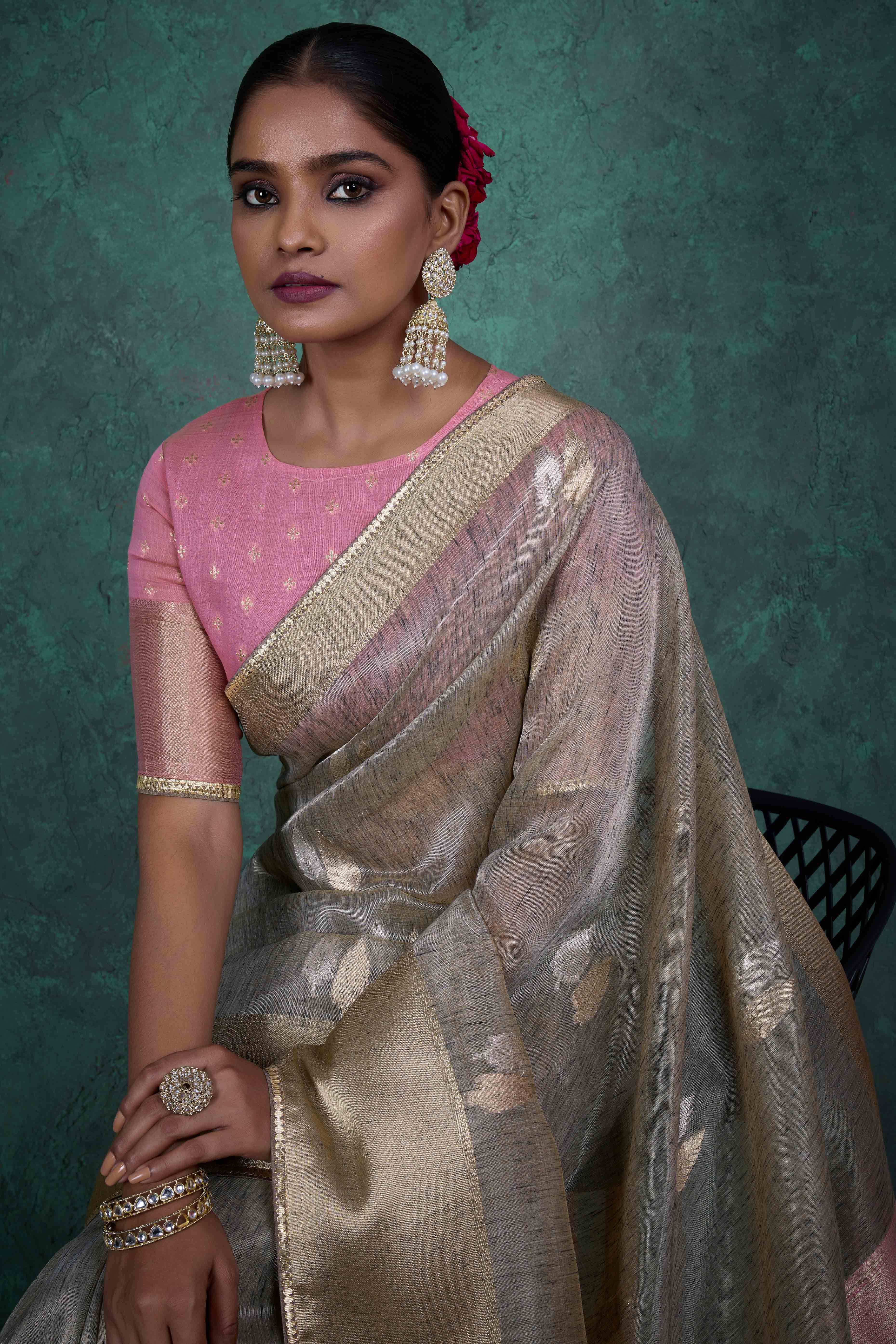 Taupe Grey Ethnic Cotton Blend Saree with Shimmering Zari Butti Weaves