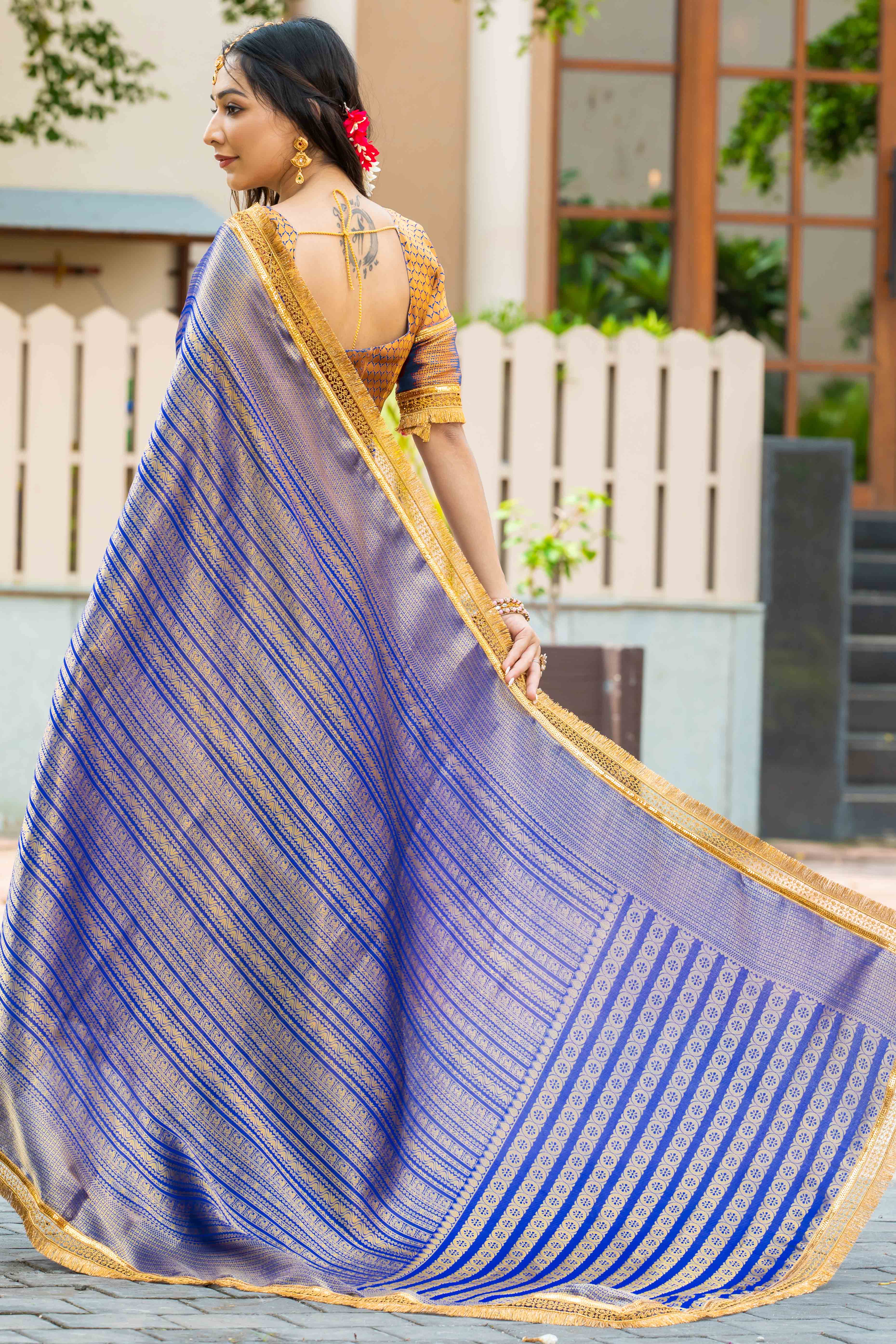 Blue Zari Weaving Mysore Brocade Silk Saree With Zari Border