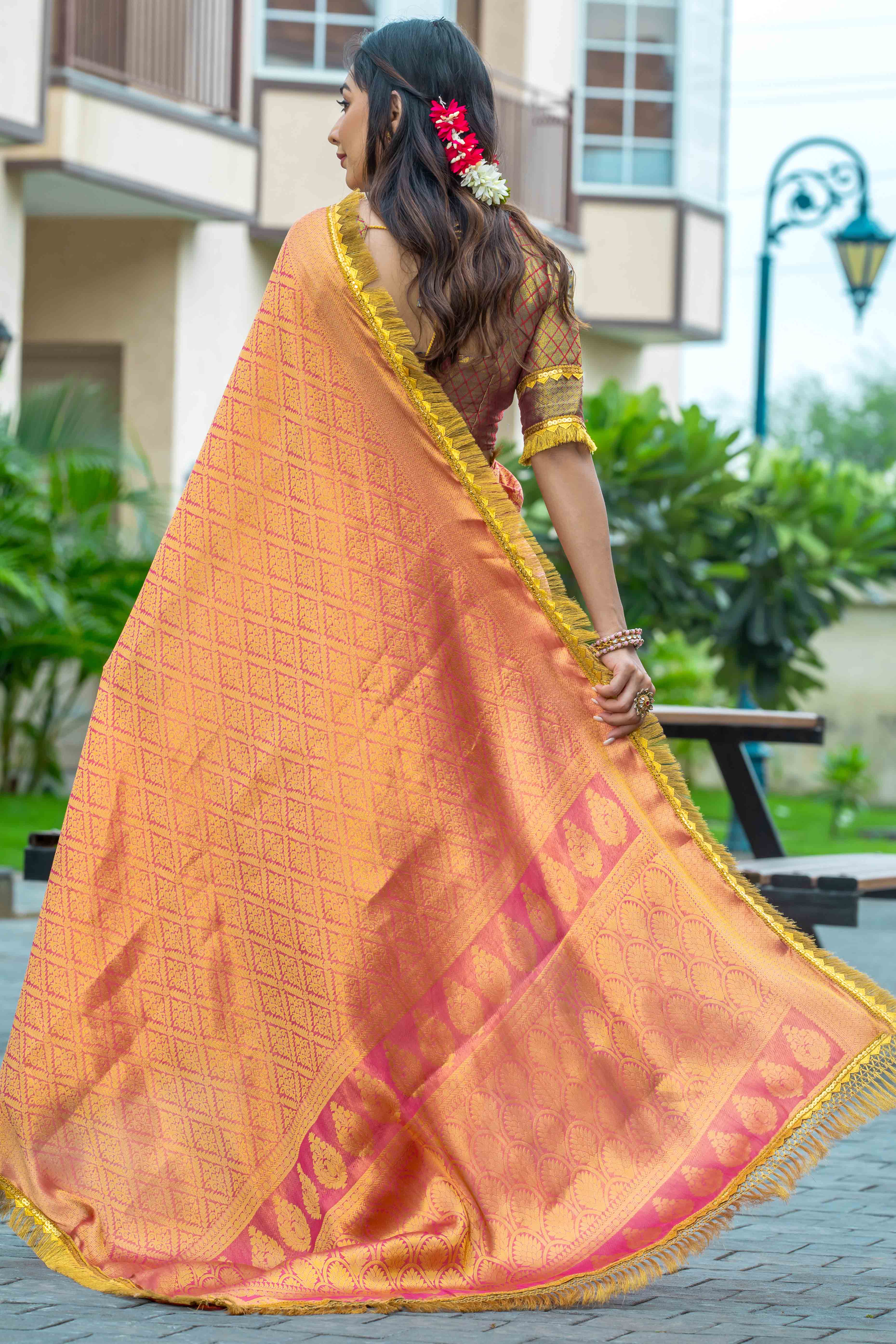 Orange Zari Weaving Mysore Brocade Silk Saree With Zari Border