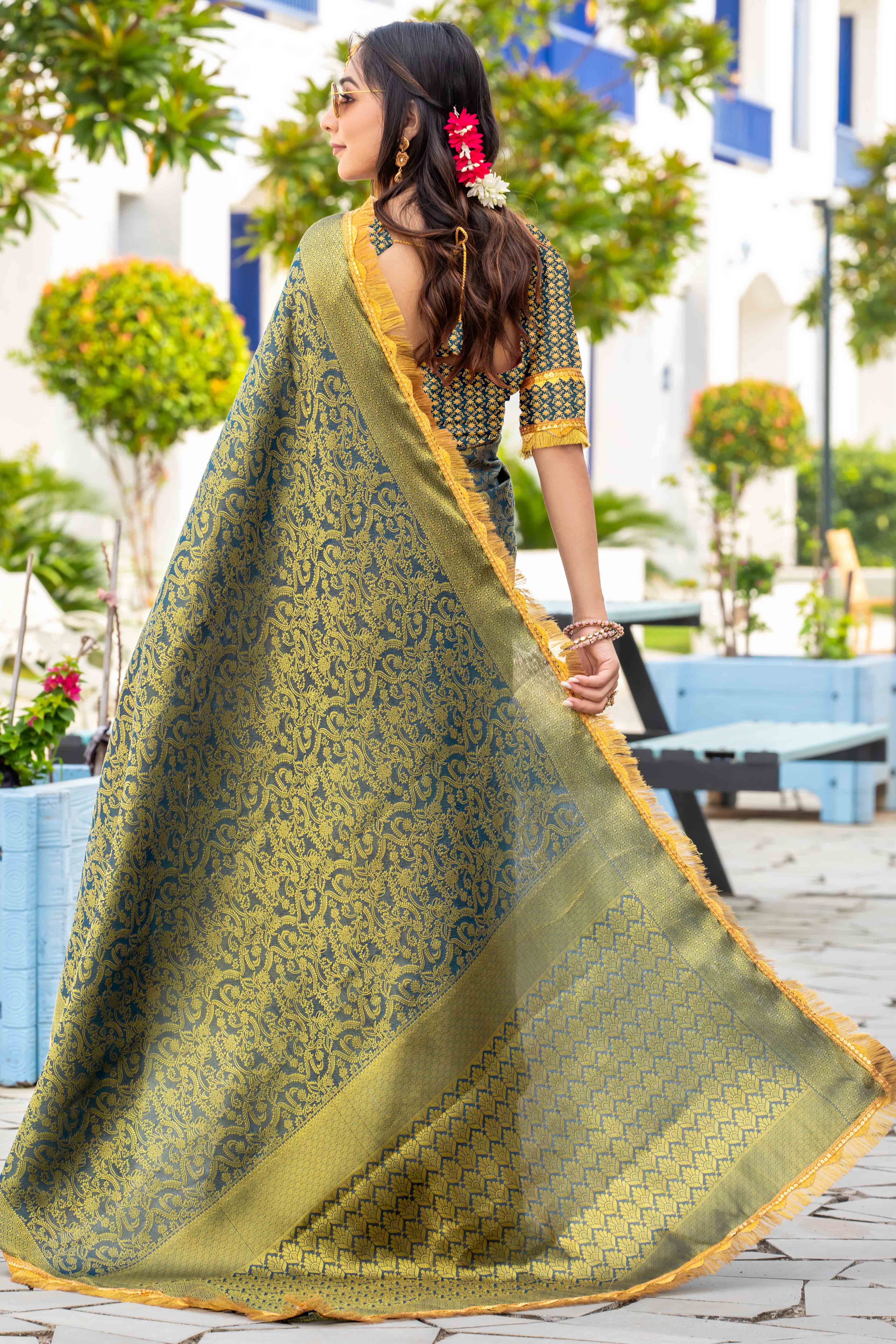 Teal Zari Weaving Mysore Brocade Silk Saree With Zari Border