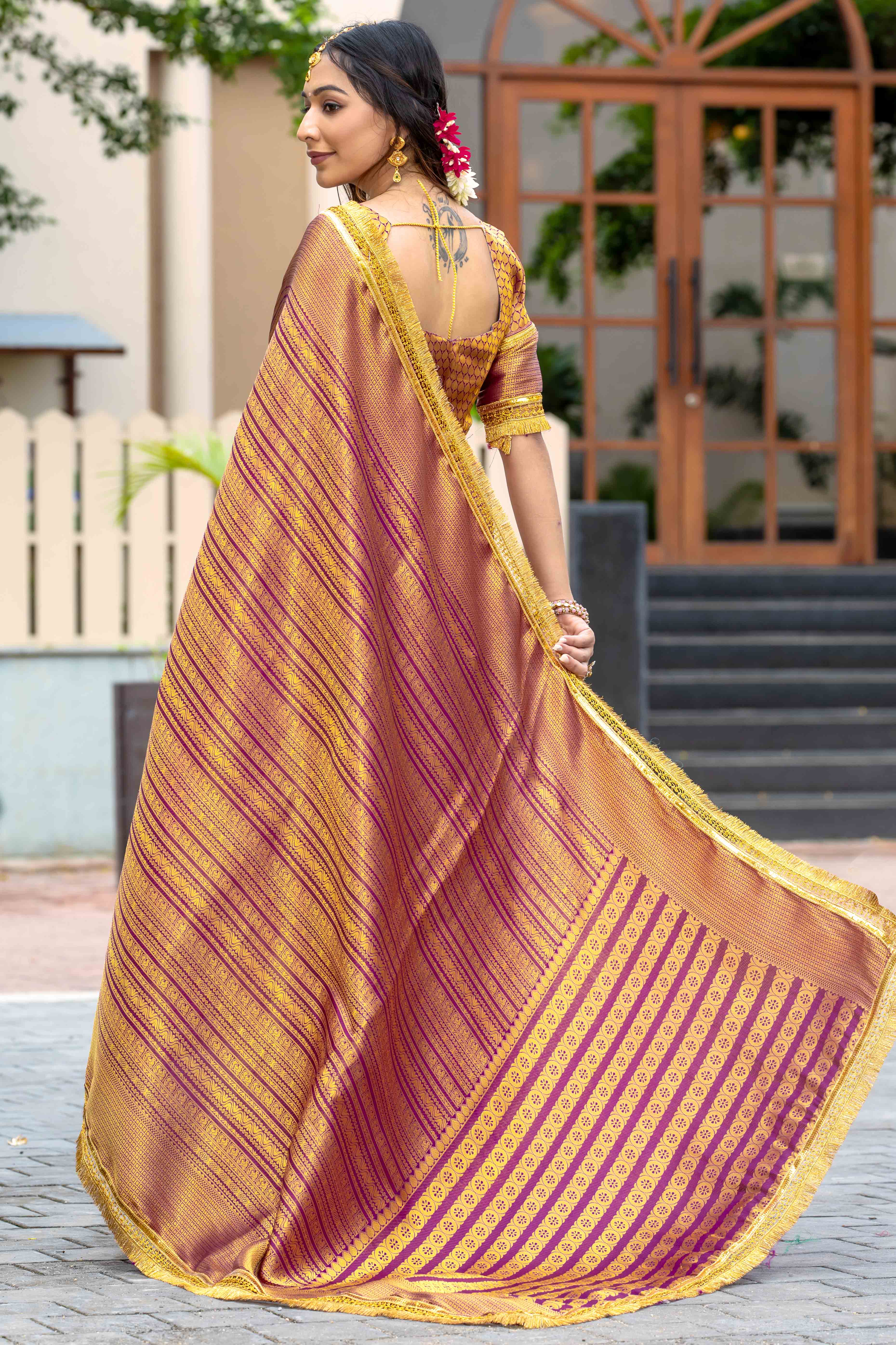 Wine Zari Weaving Mysore Brocade Silk Saree With Zari Border