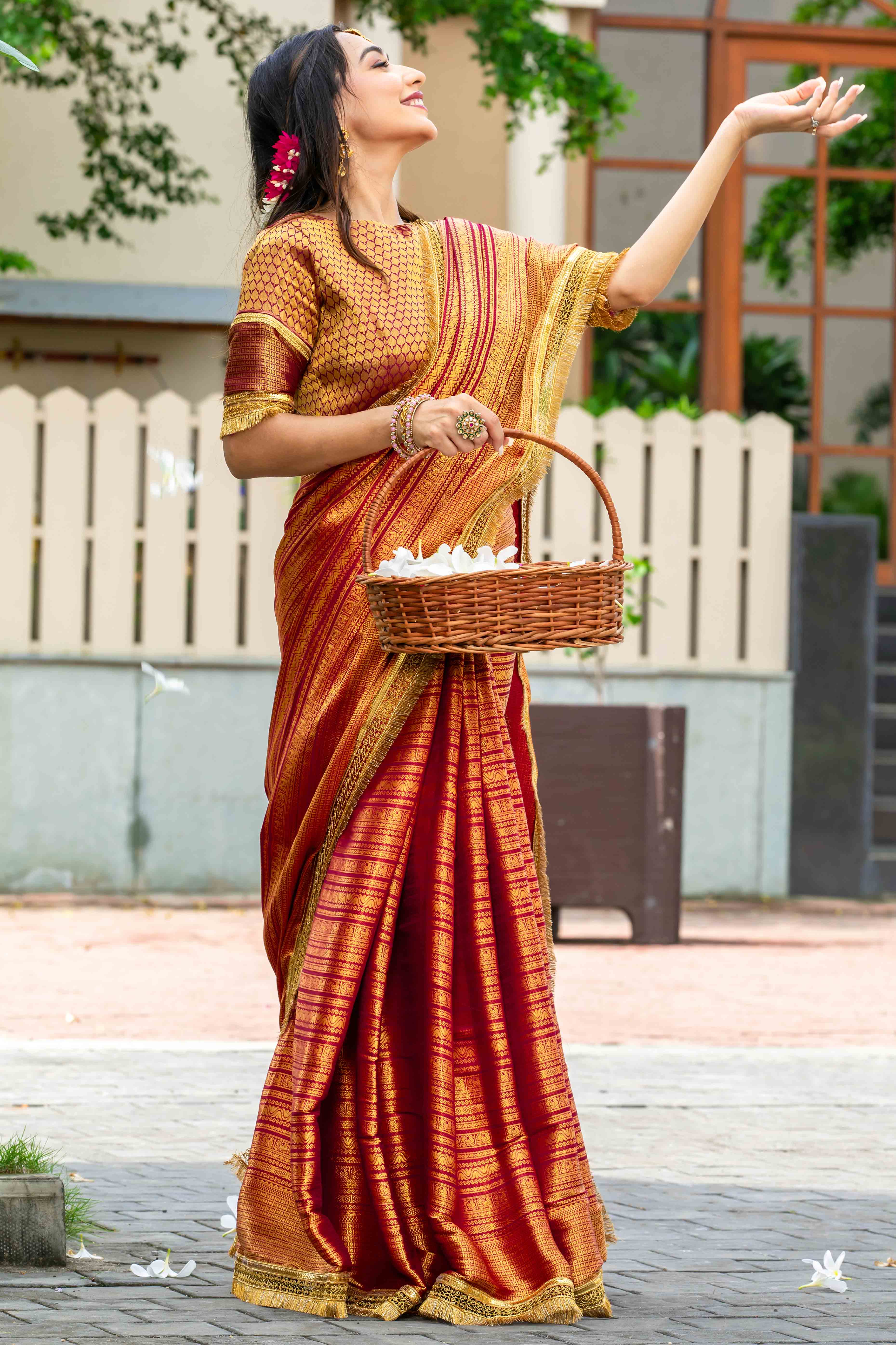 Red Zari Weaving Mysore Brocade Silk Saree With Zari Border