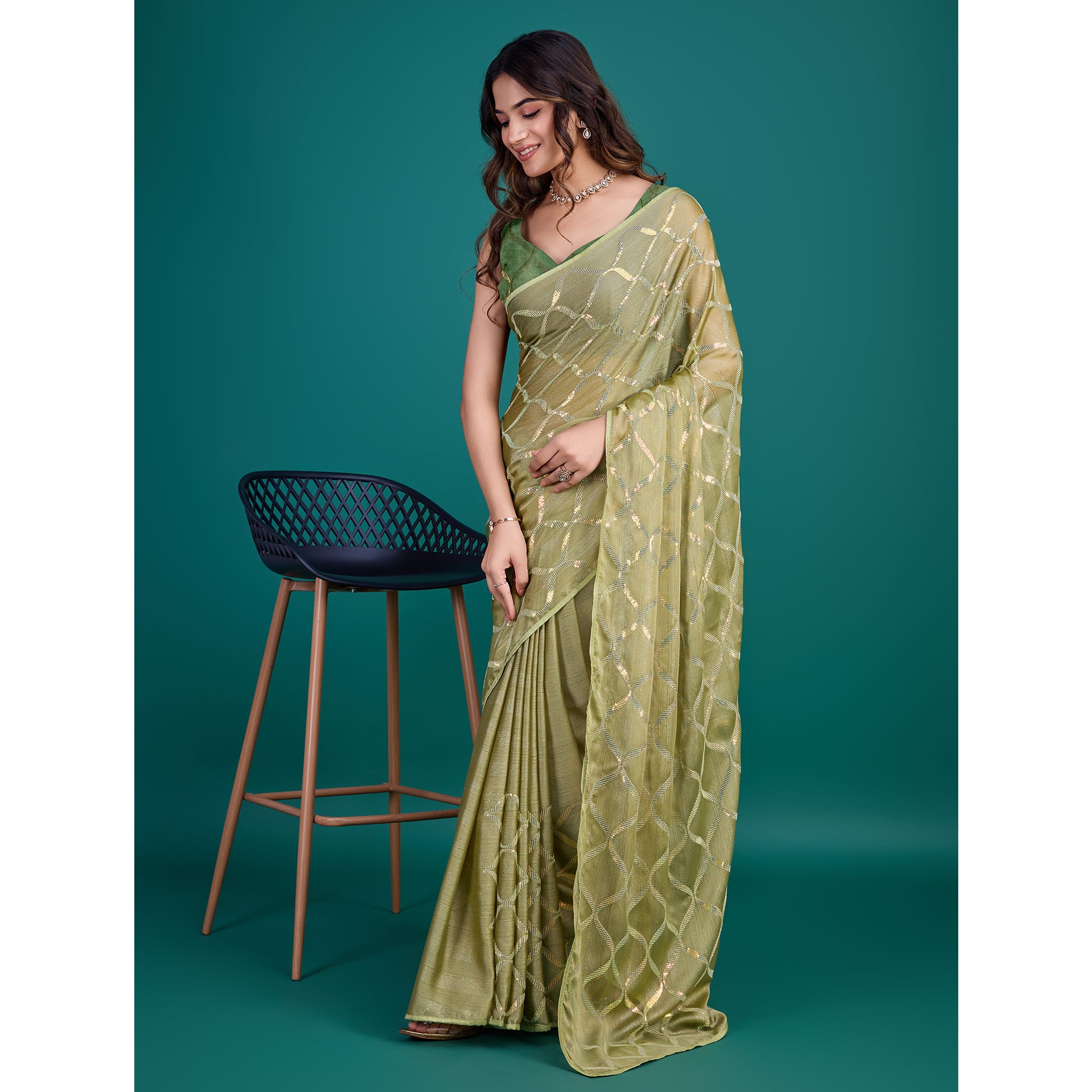 Green Sequins Embroidered Georgette Saree