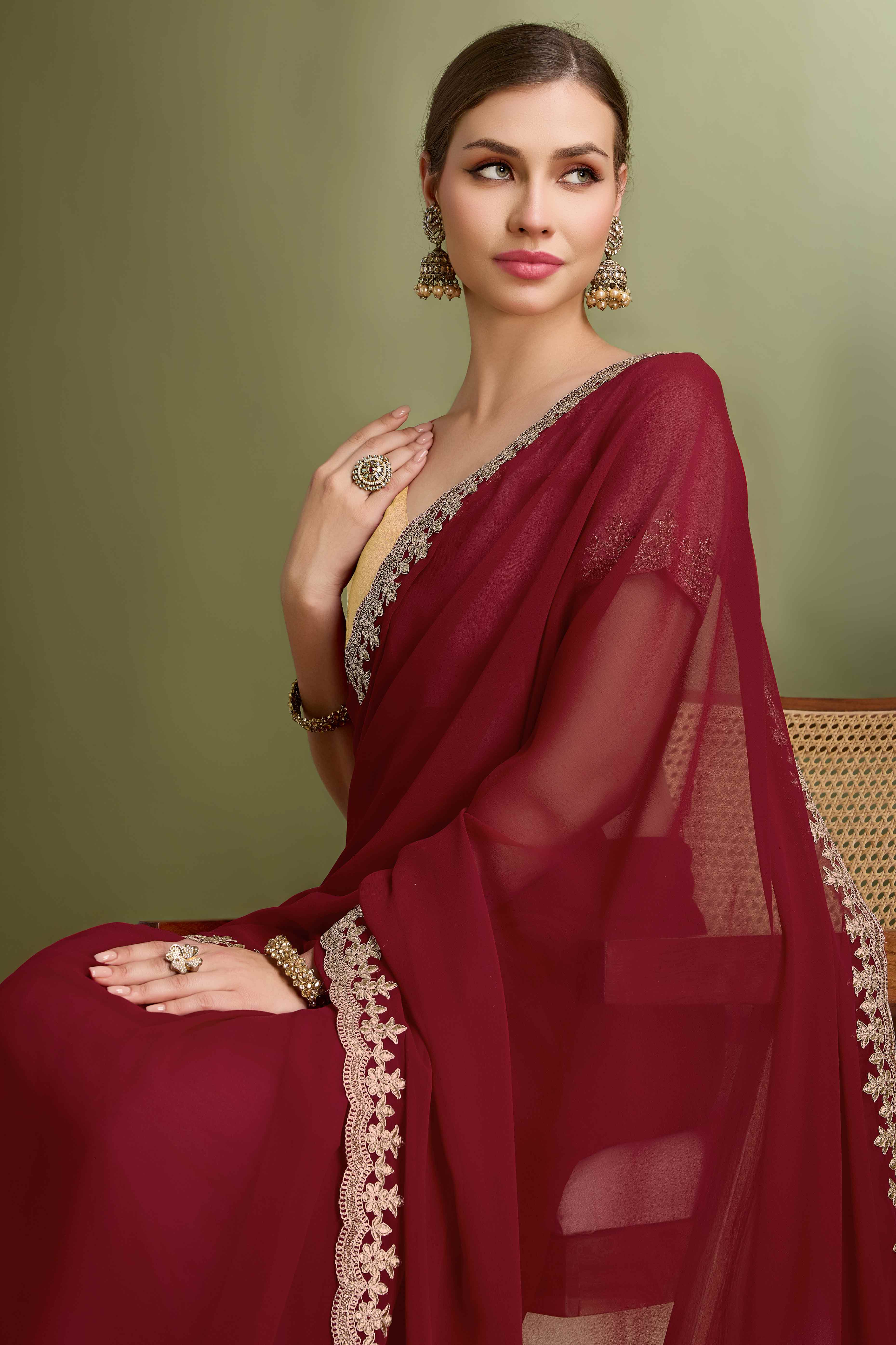 Maroon Solid With Zari Embroidered Georgette Saree
