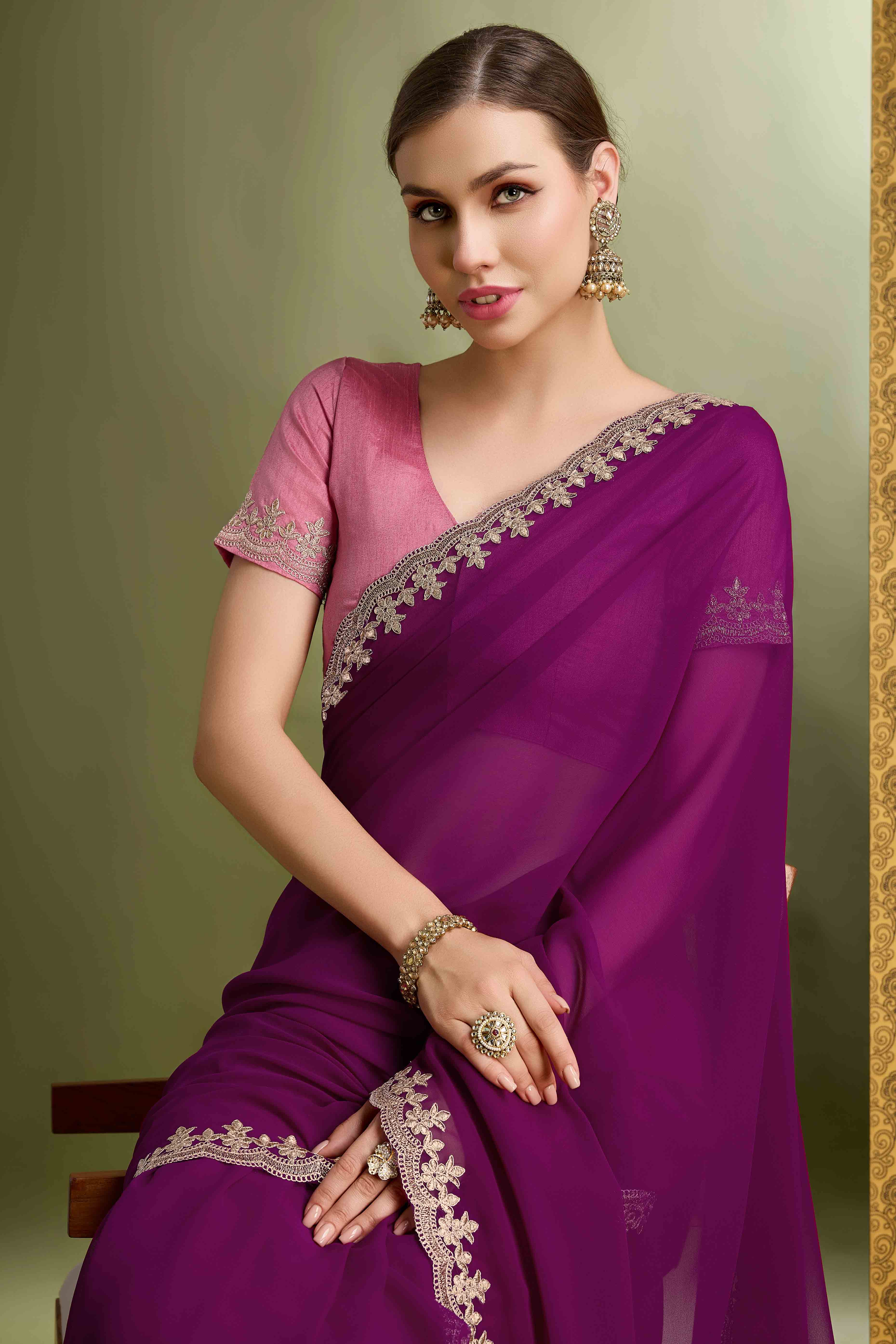 Purple Solid With Zari Embroidered Georgette Saree