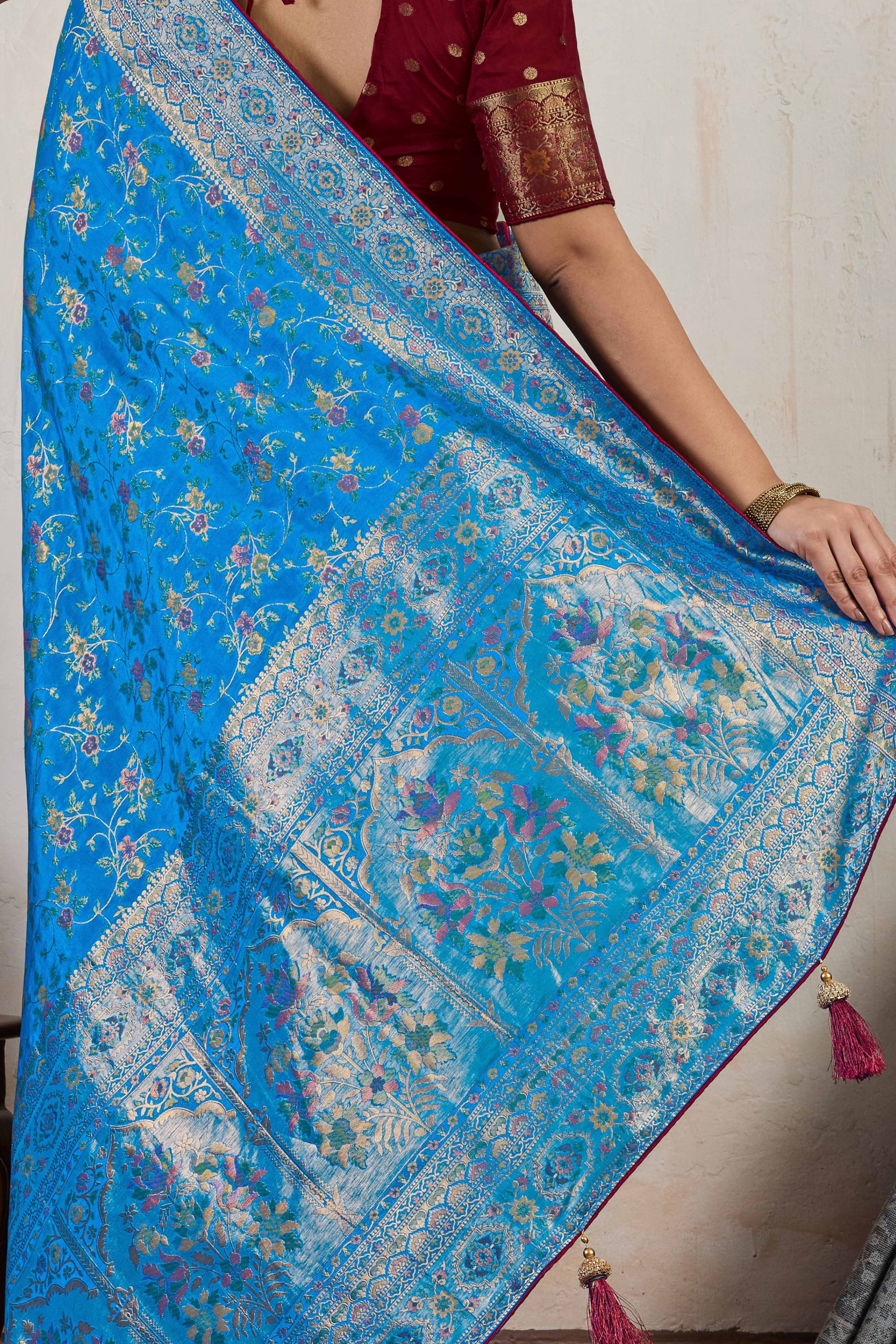 Blue Traditional Pure Silk Saree Highlighted with Luxurious Meenakari Zari Weaving Accents