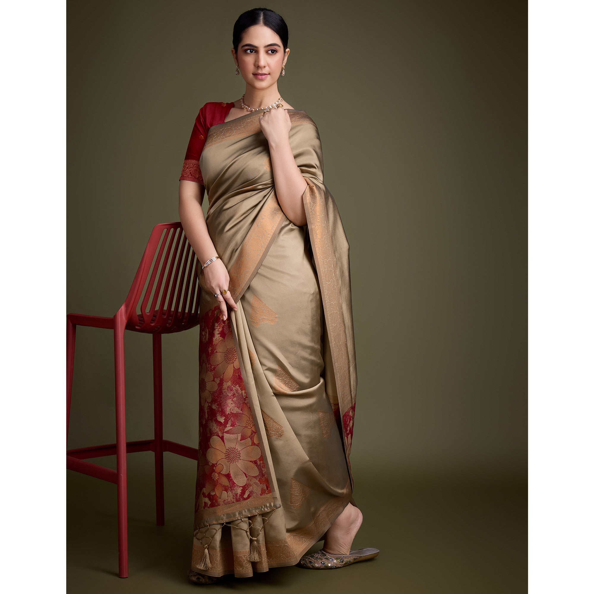 Chikoo Floral Woven Banarasi Silk Saree