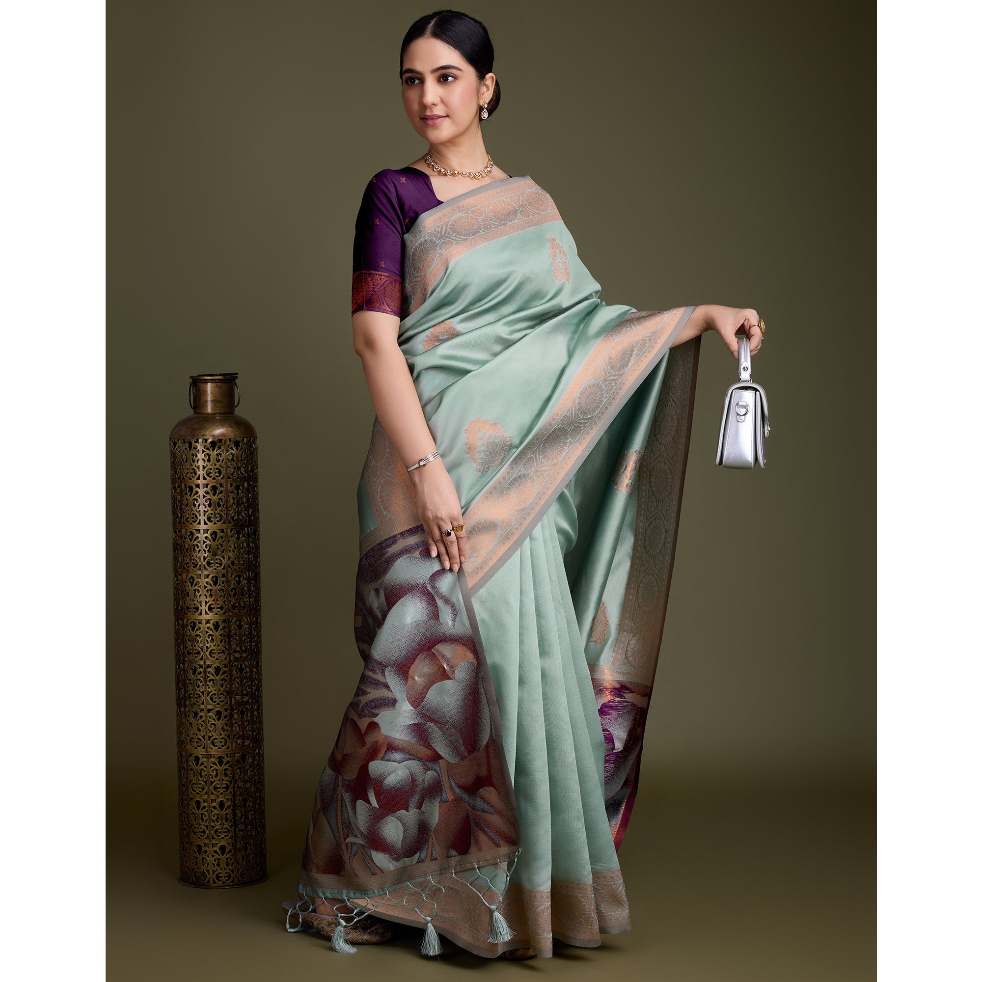 Sea Green Floral Woven Banarasi Silk Saree