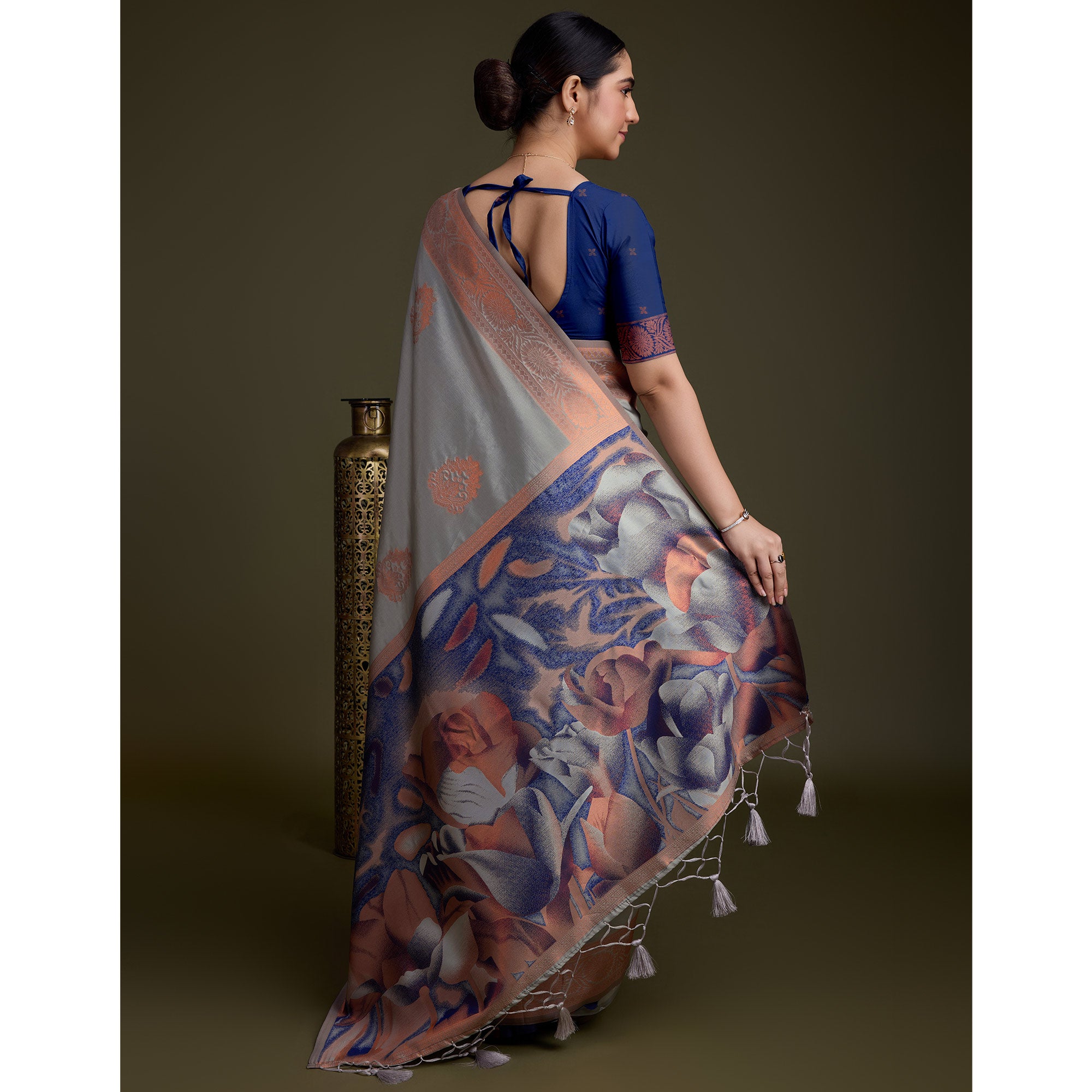 Grey Floral Woven Banarasi Silk Saree