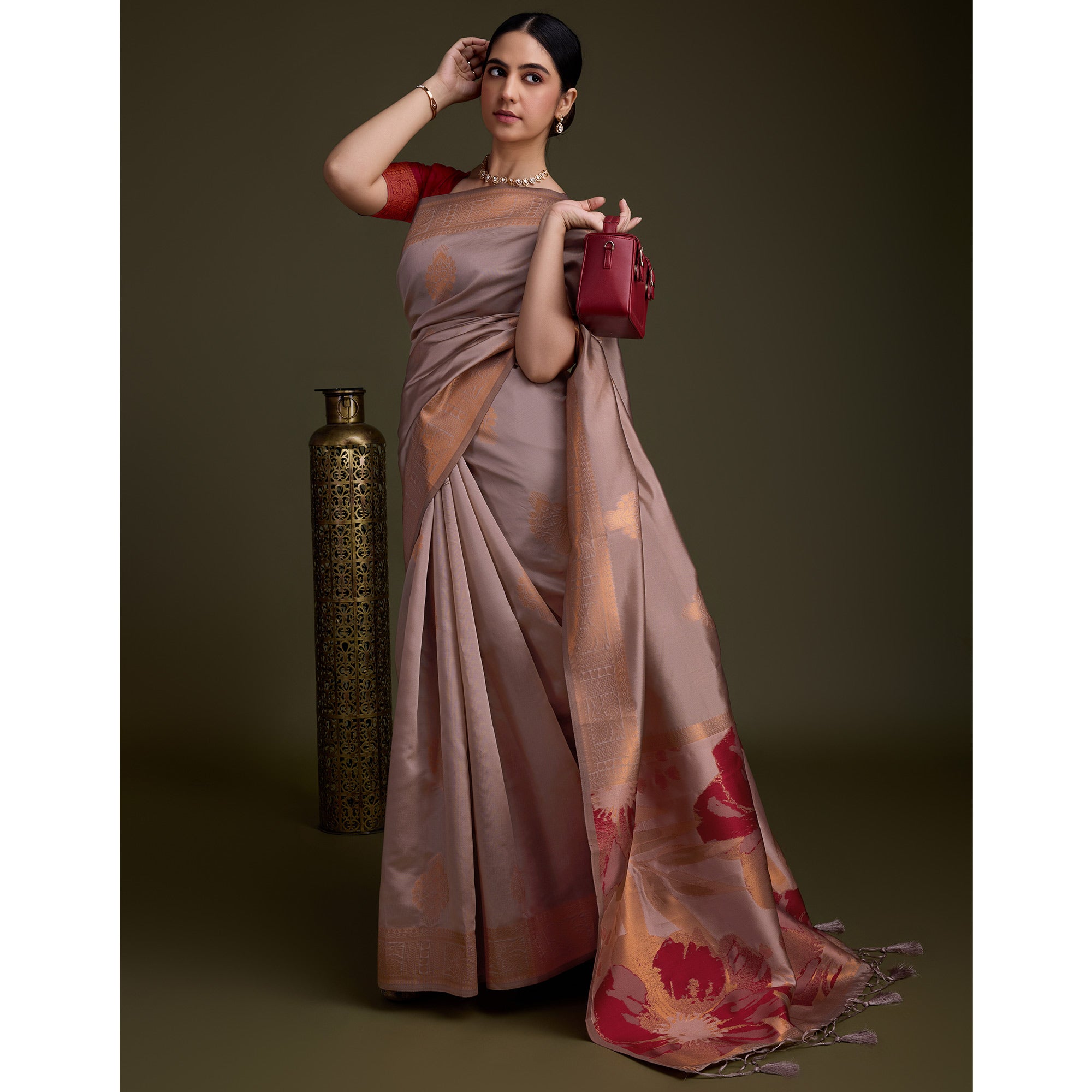 Mauve Floral Woven Banarasi Silk Saree