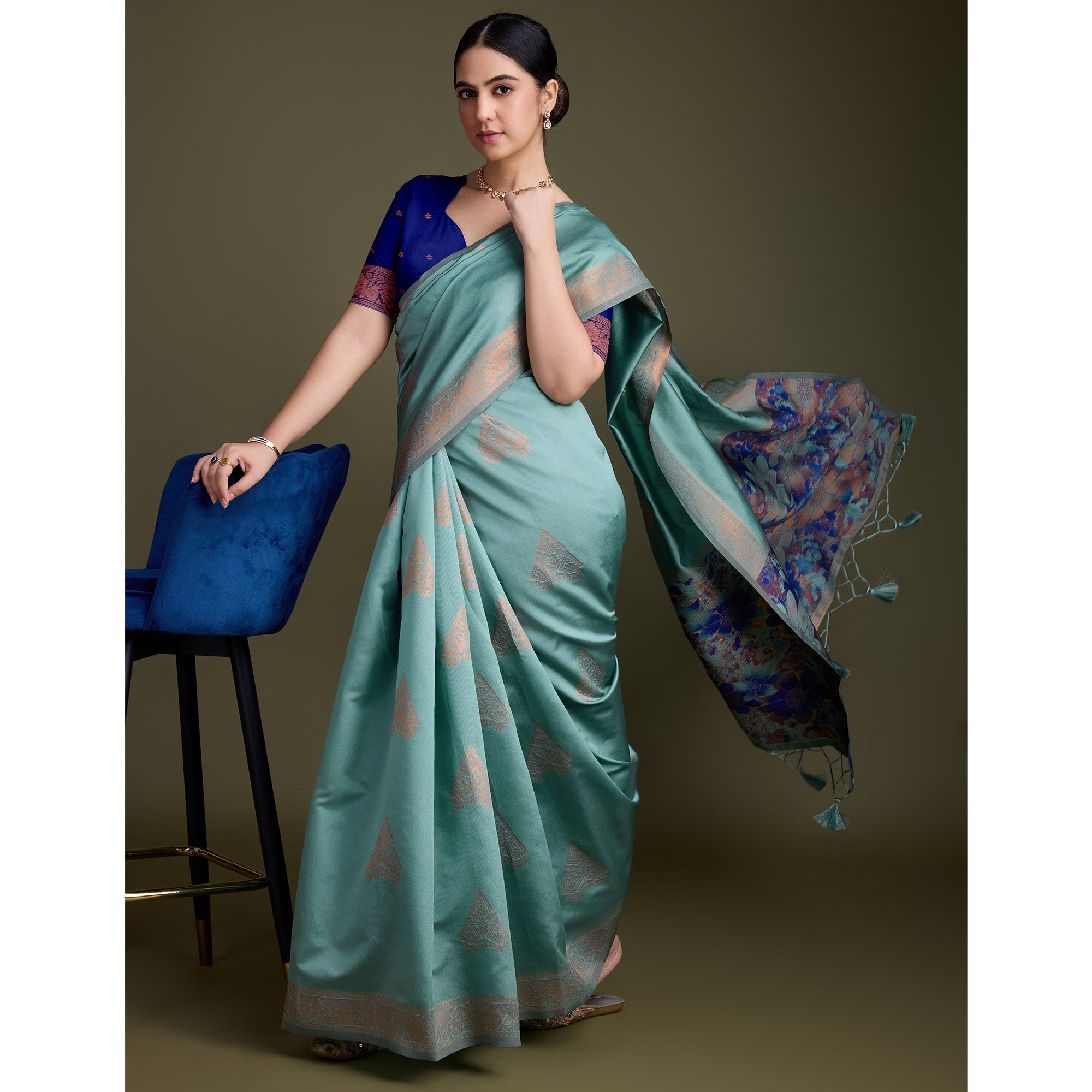 Turquoise Floral Woven Banarasi Silk Saree