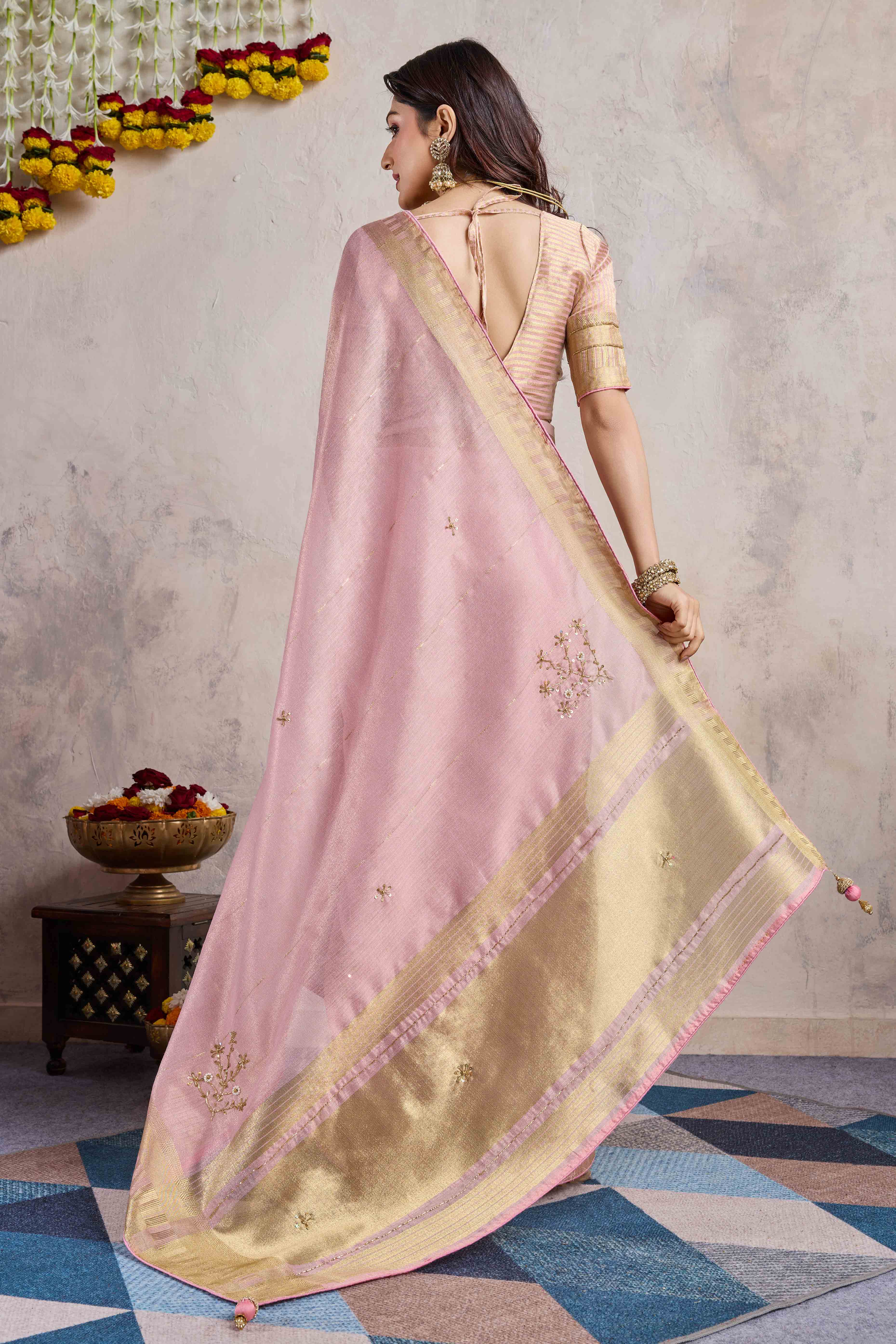 Pink Beads Work Woven Linen Slub Saree