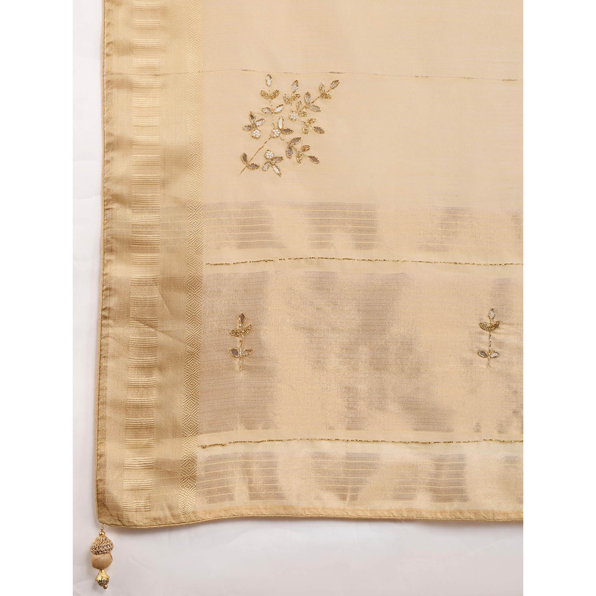 Chikoo Linen Tissue Saree With Hand-Stitched Moti & Cutdana Work