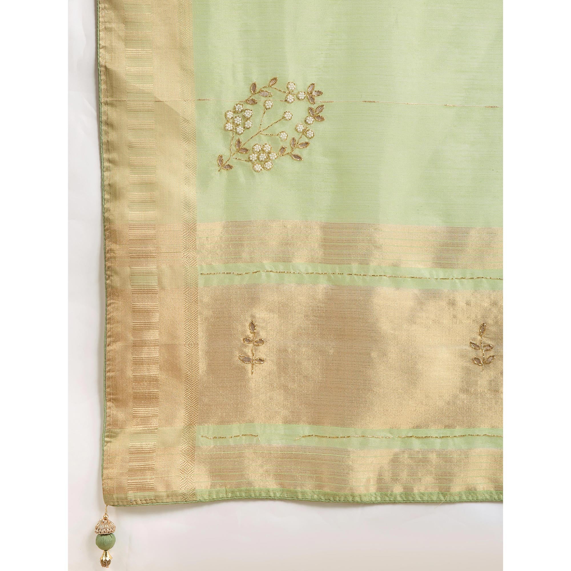 Green Linen Tissue Saree With Hand-Stitched Moti & Cutdana Work