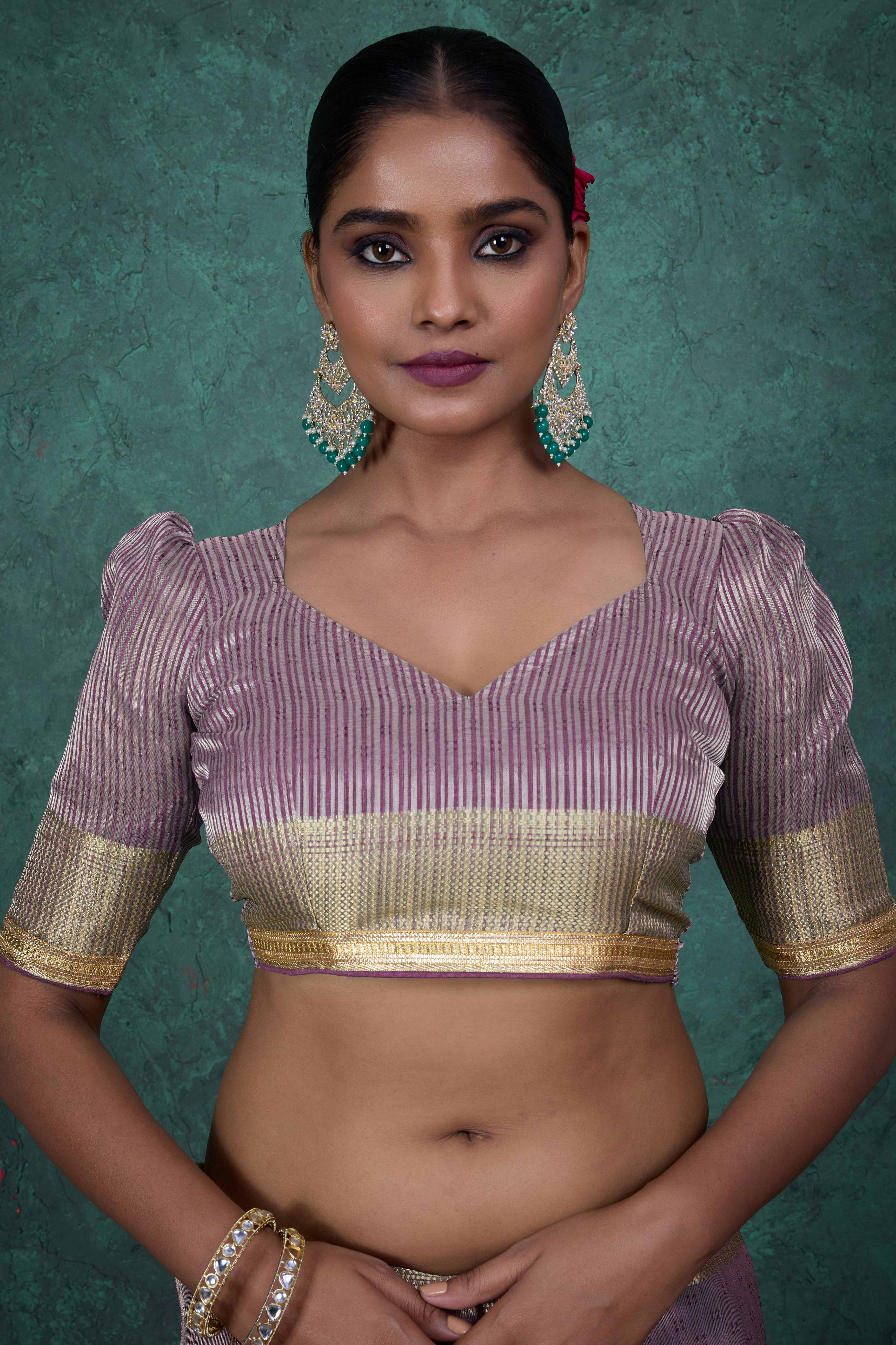 Pink Linen Tissue Saree with Hand Beads Embellishment