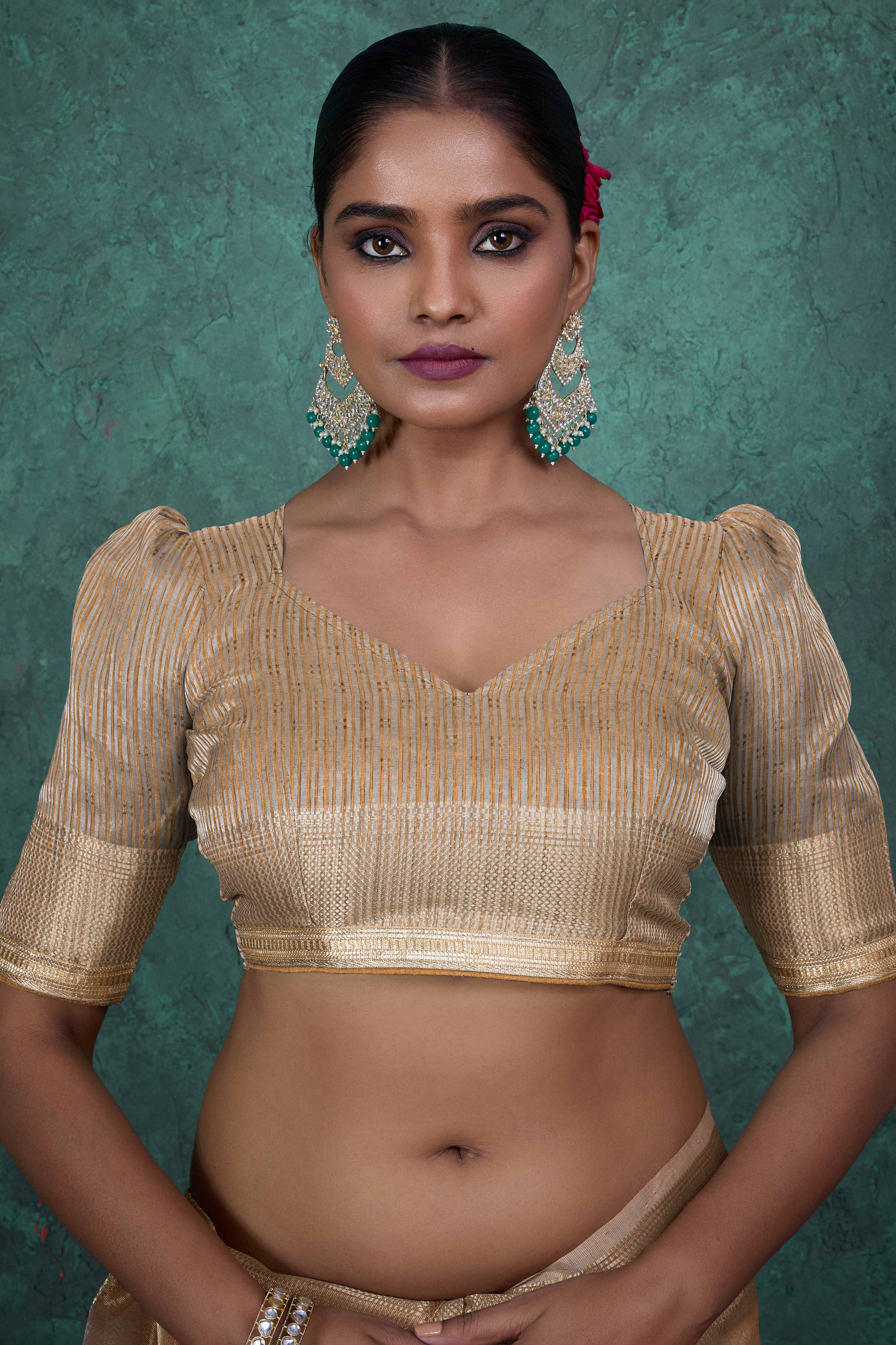 Beige Woven Linen Tissue Saree Featuring Beads Embellishment