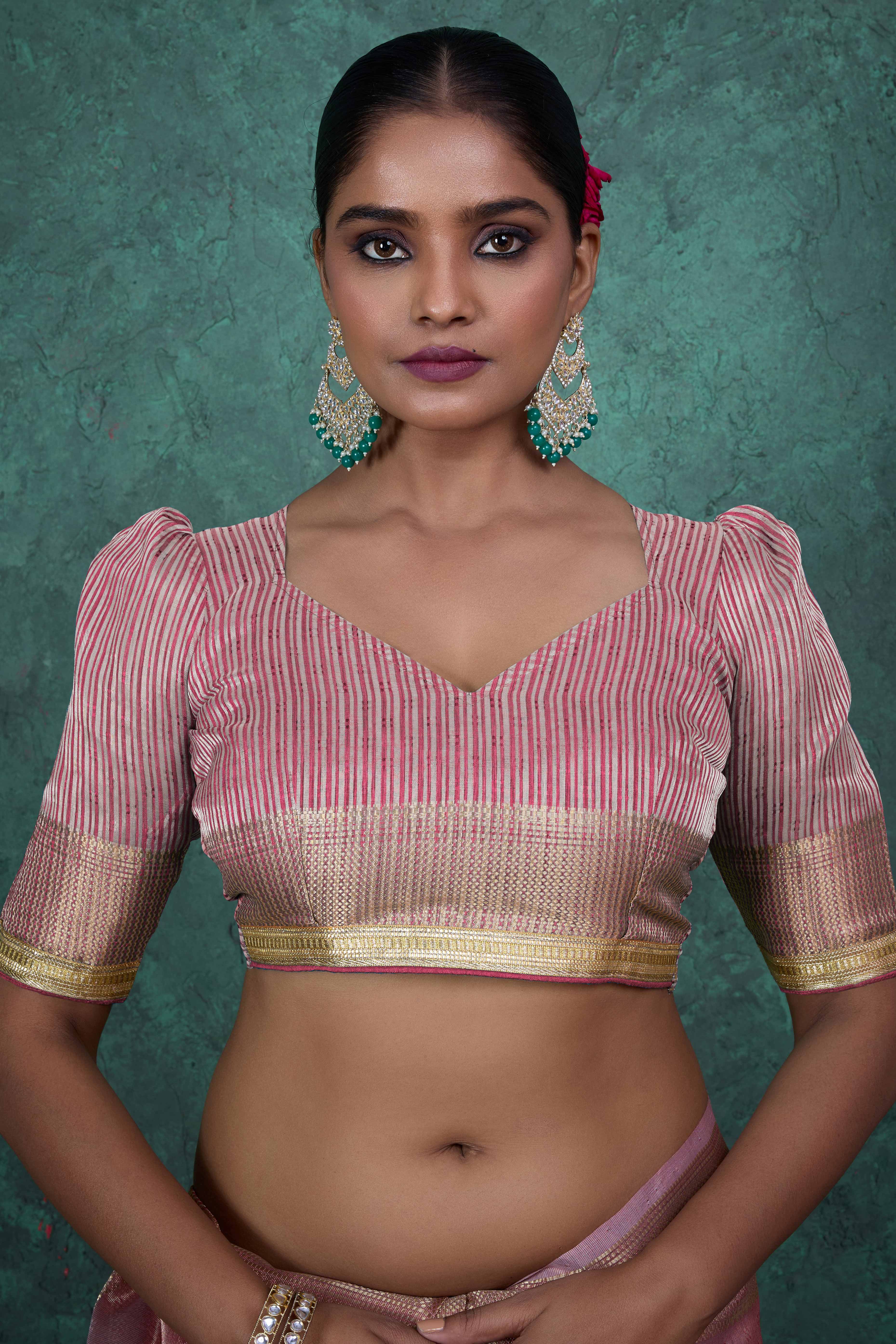 Pink Woven Linen Tissue Saree Featuring Beads Embellishment
