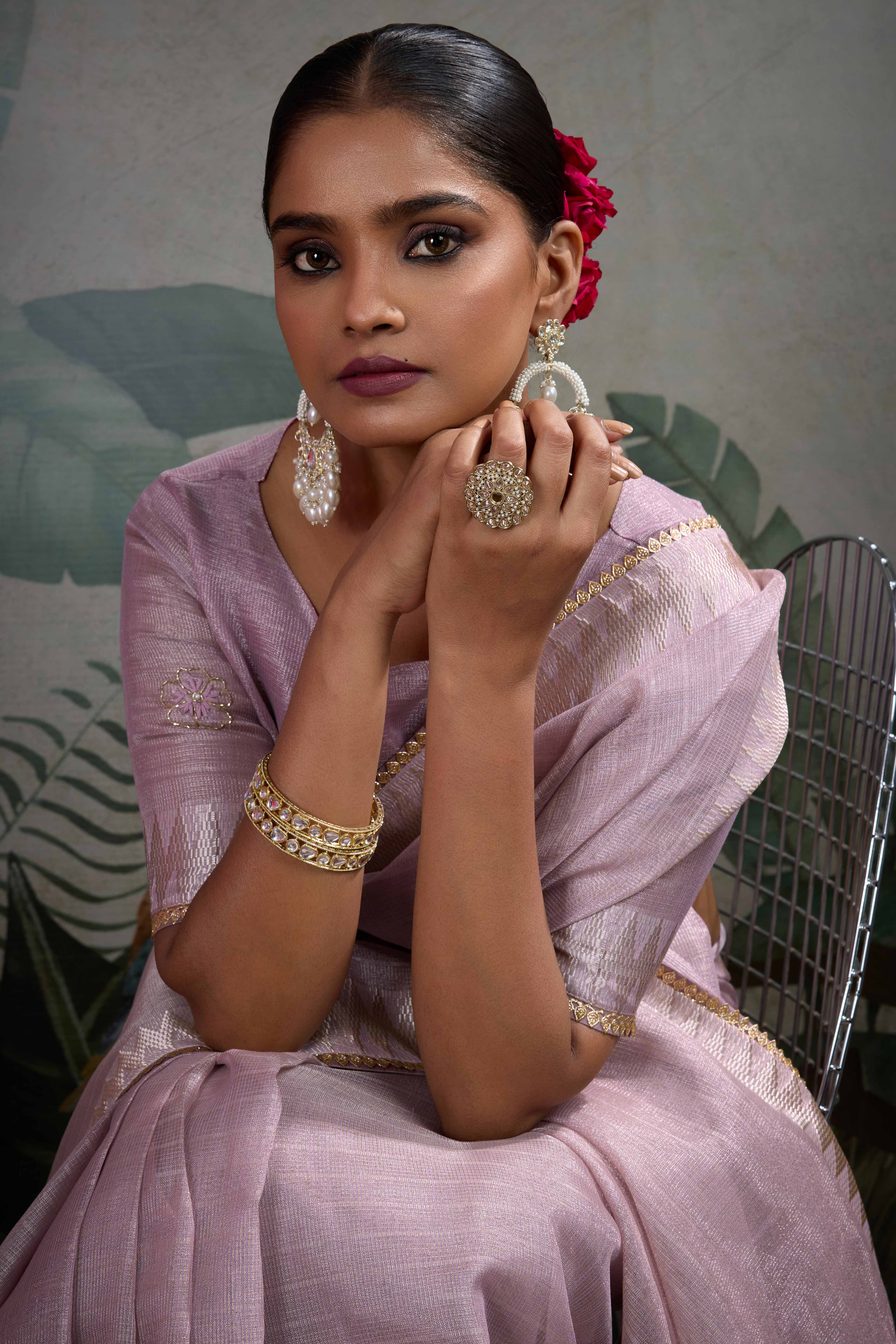 Mauve Linen Tissue Saree with Hand Beads Embellishment