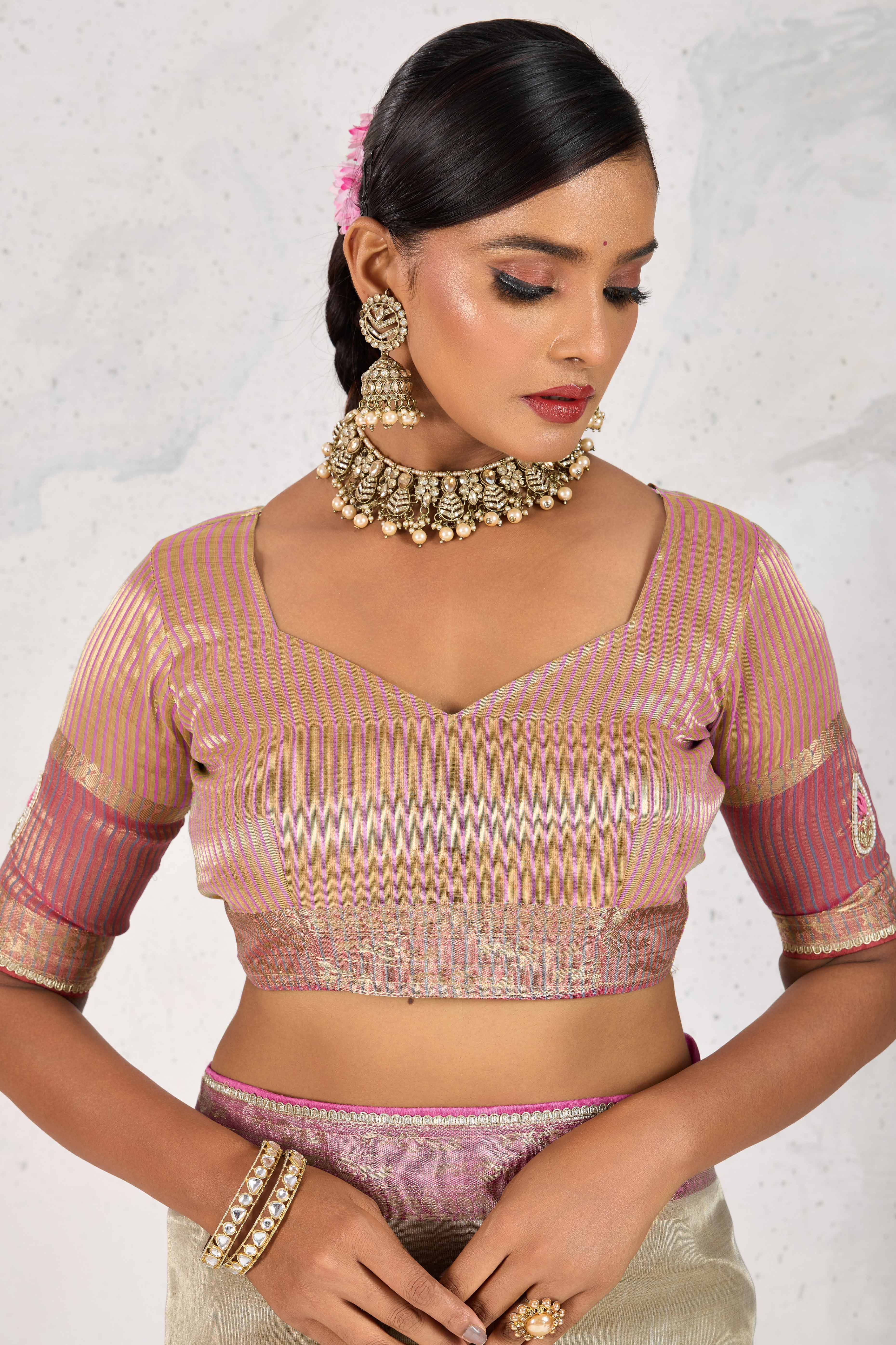 Beige Designer Tissue Linen Woven Saree with Luxe Zari and Beads Work