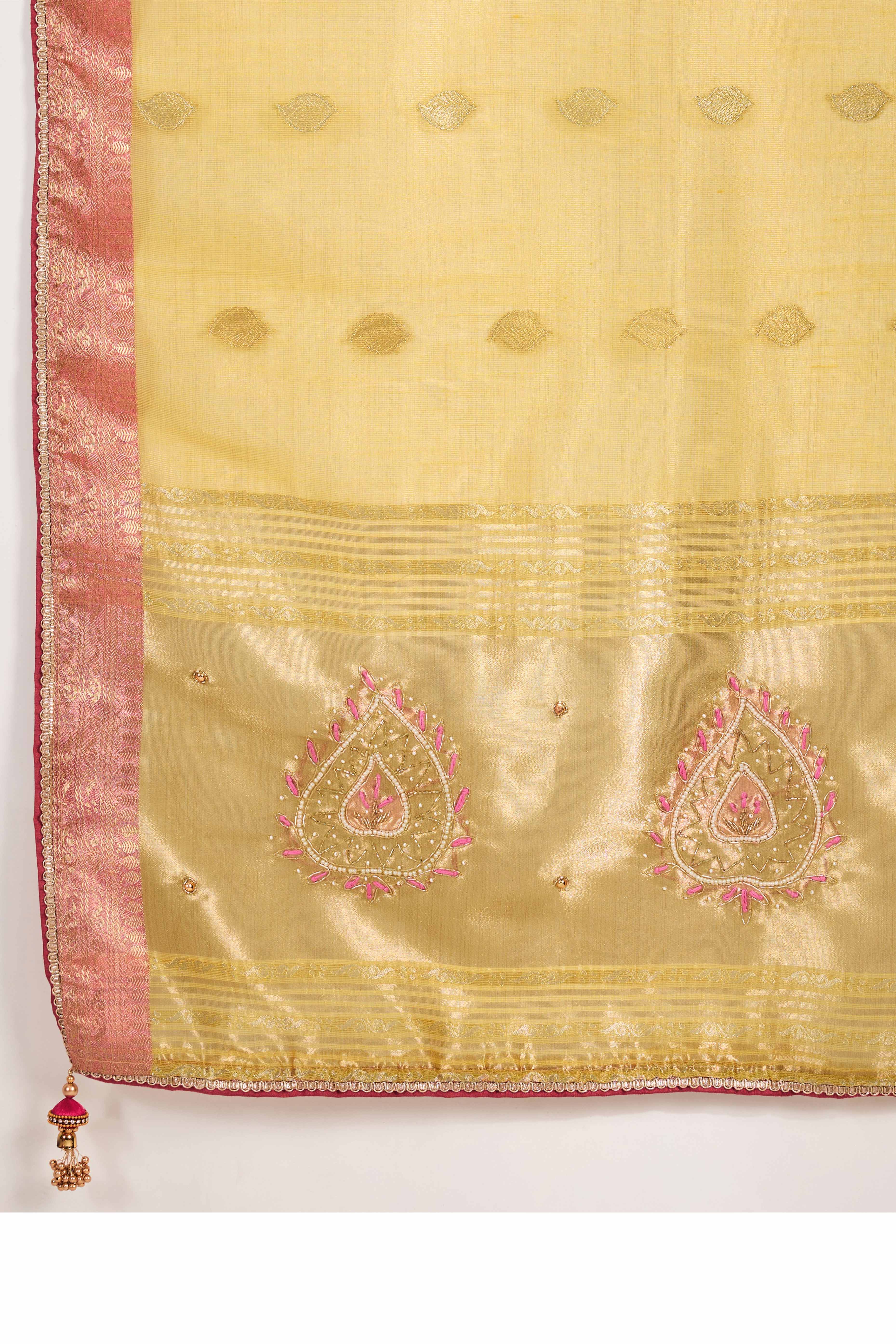 Yellow Designer Tissue Linen Woven Saree with Luxe Zari and Beads Work