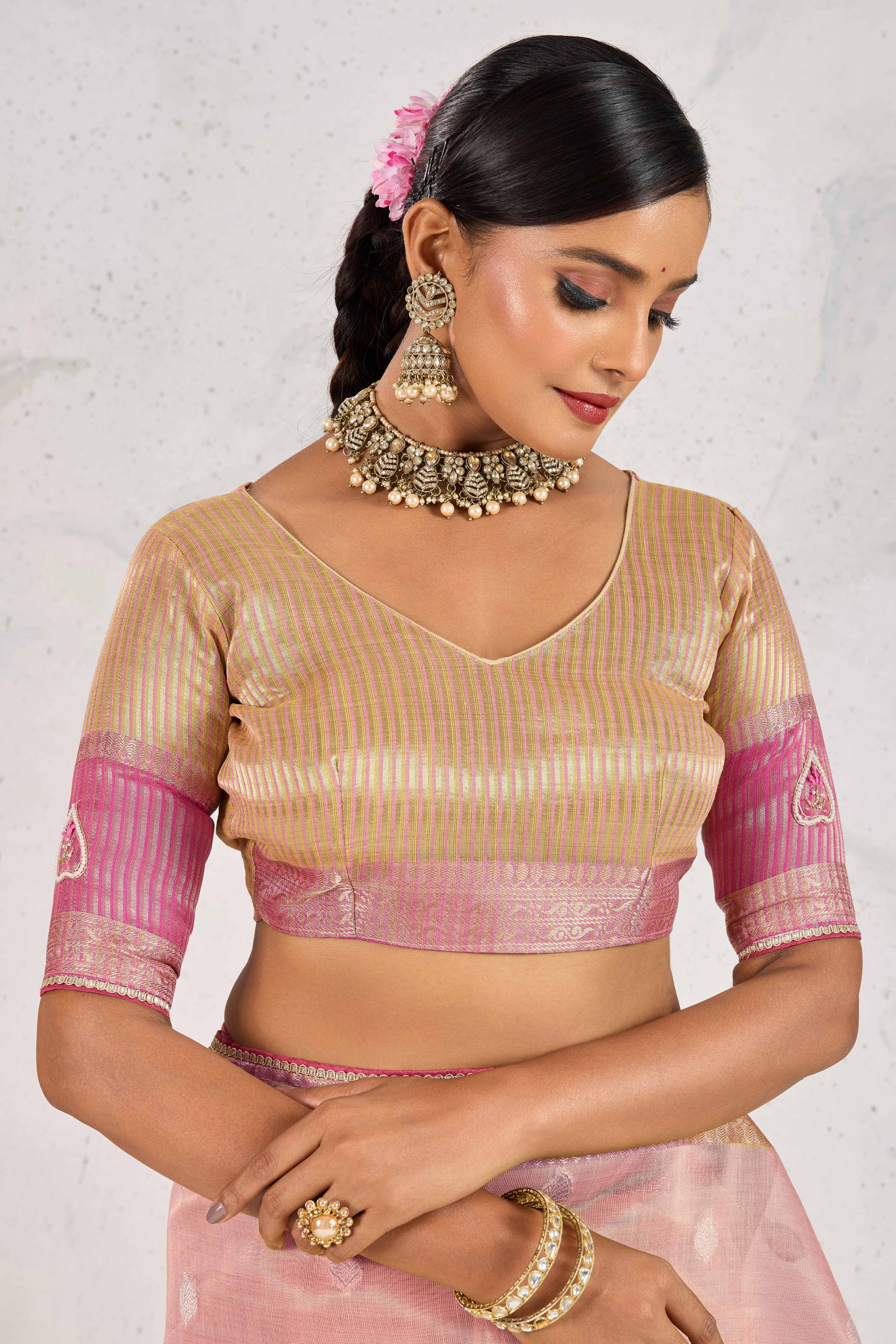 Pink Designer Tissue Linen Woven Saree with Luxe Zari and Beads Work