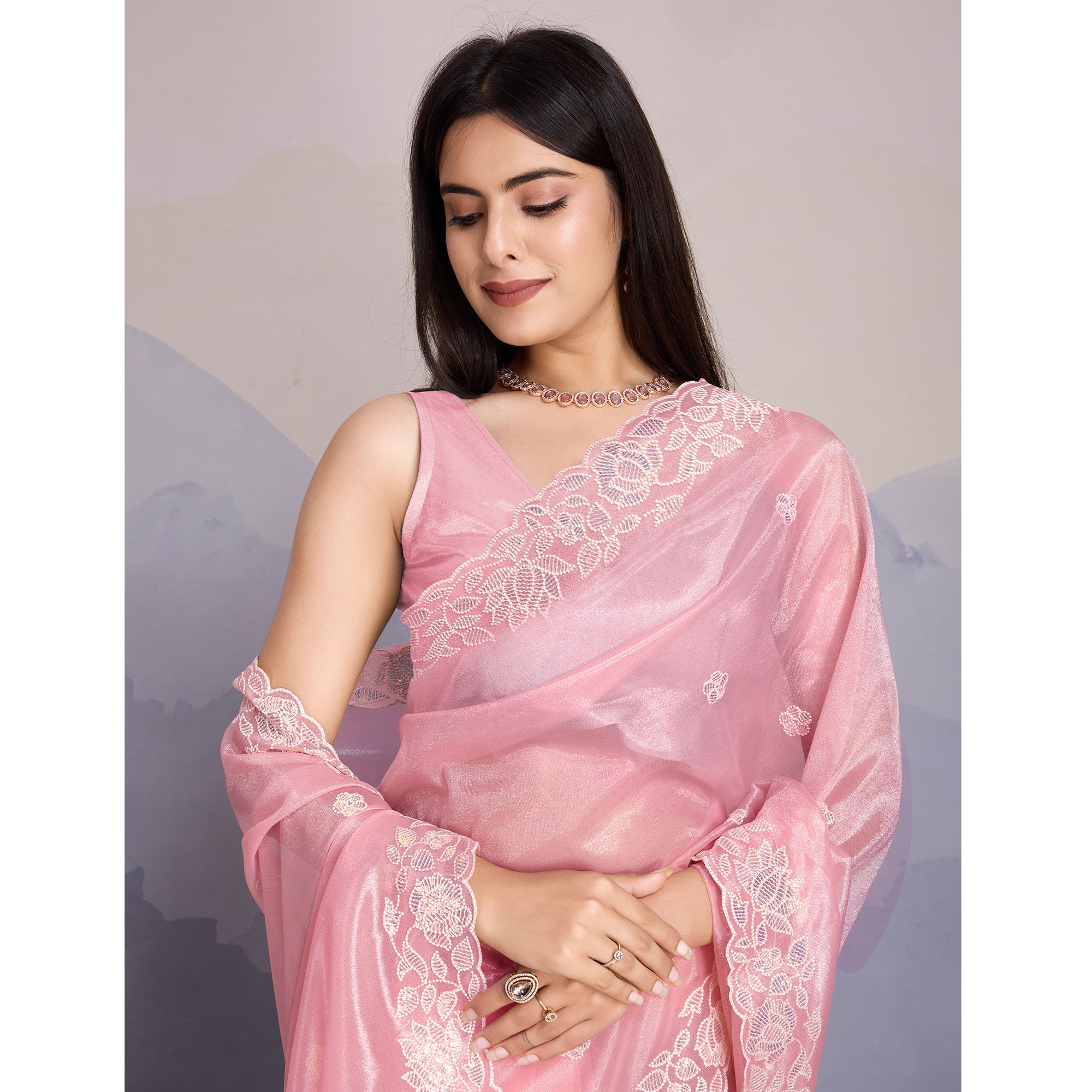 Baby Pink Floral Sequins Embroidered Twill Net Saree