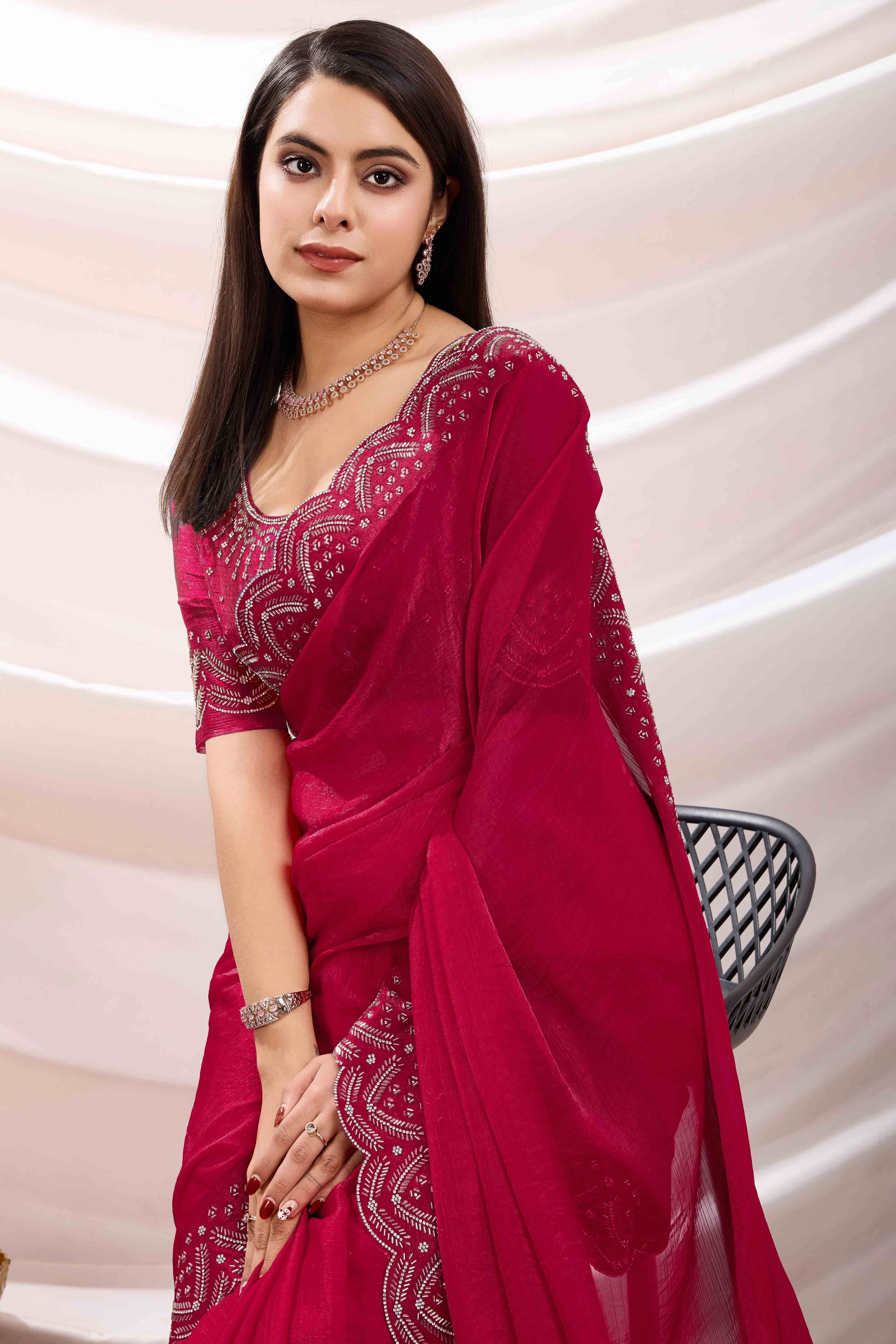 Pink Stone Work Embroidered Velvet Chiffon Saree