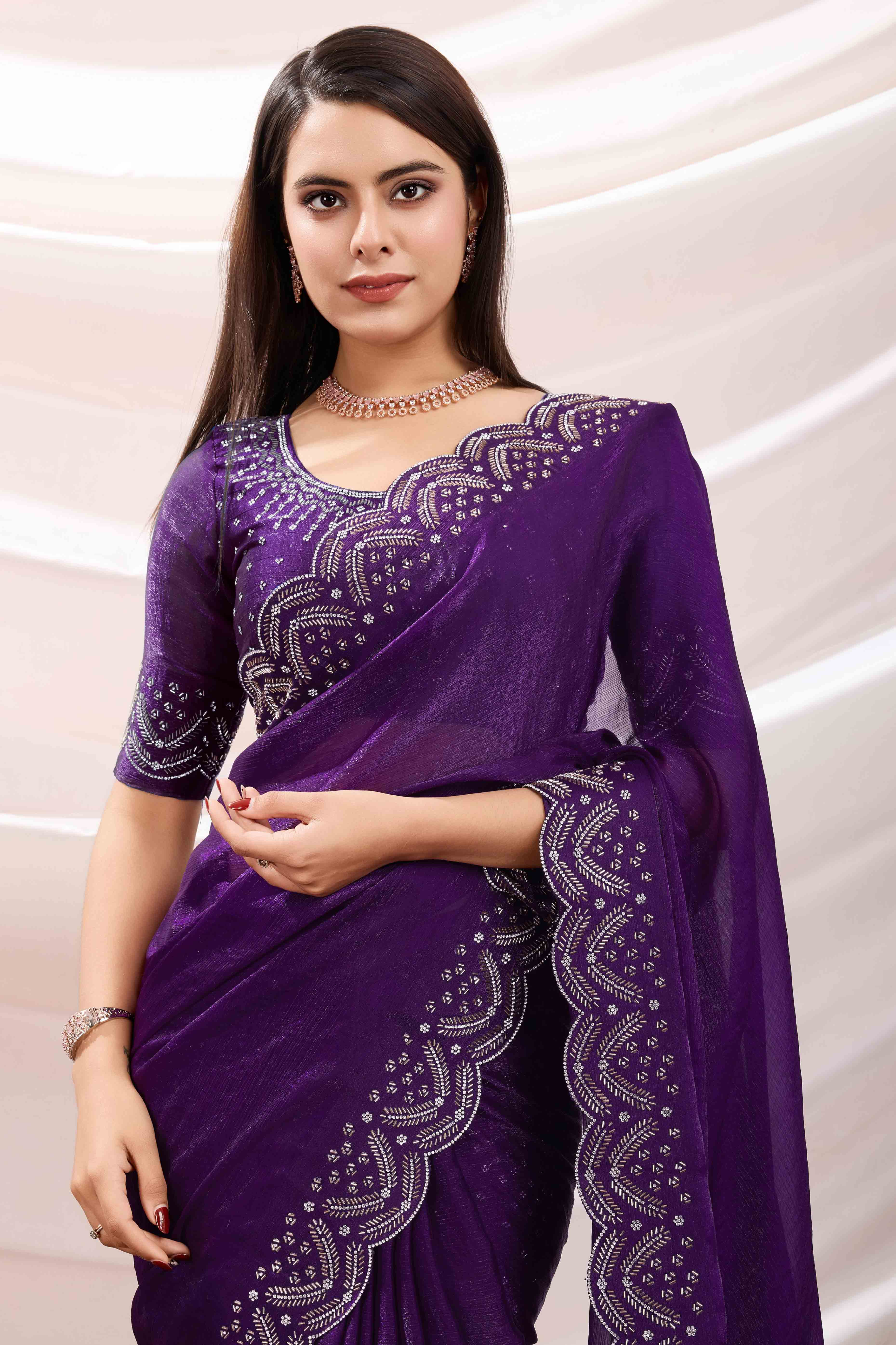 Purple Stone Work Embroidered Velvet Chiffon Saree