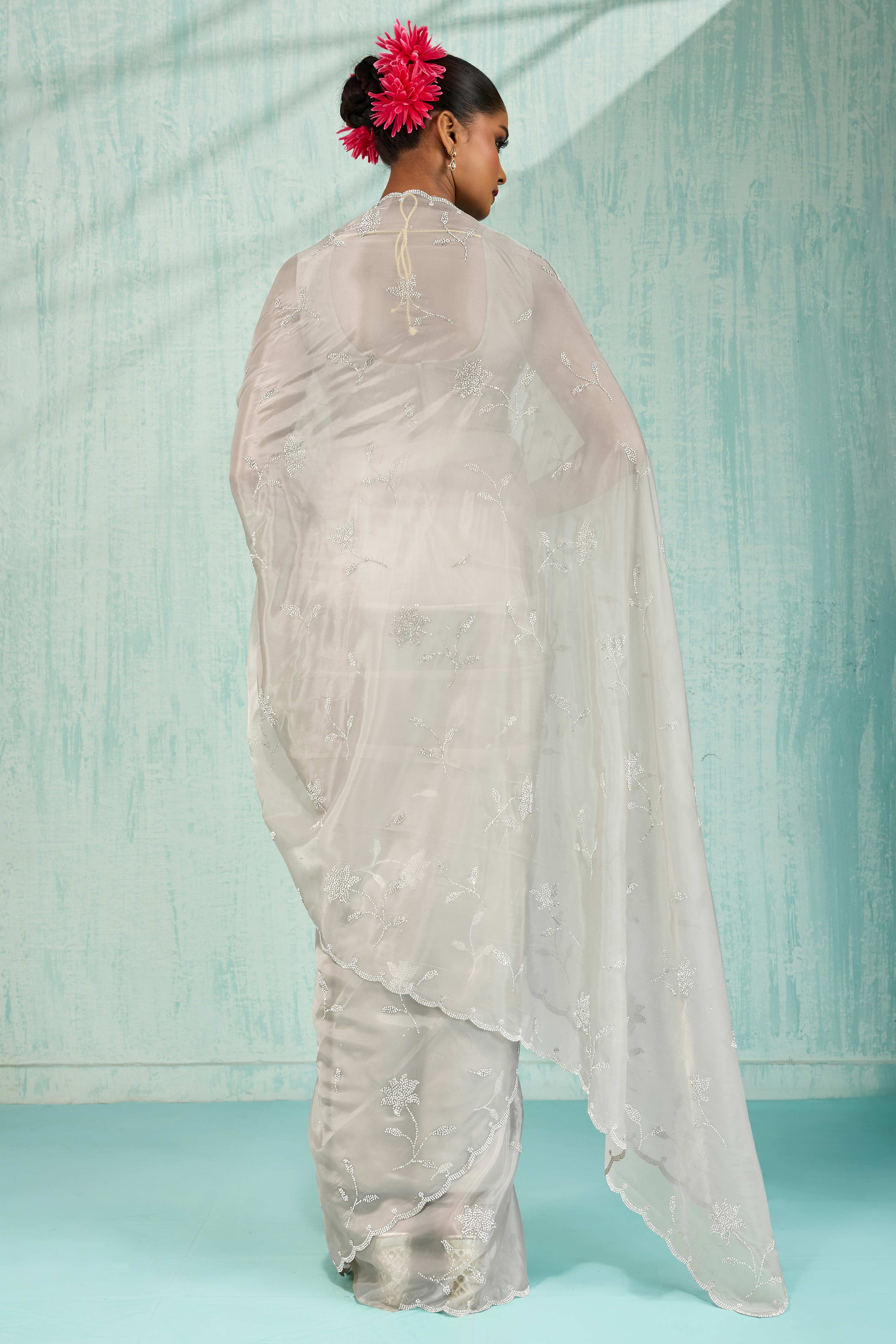 Grey Embellished Viscose Saree Featuring Luxe Crystal Detailing
