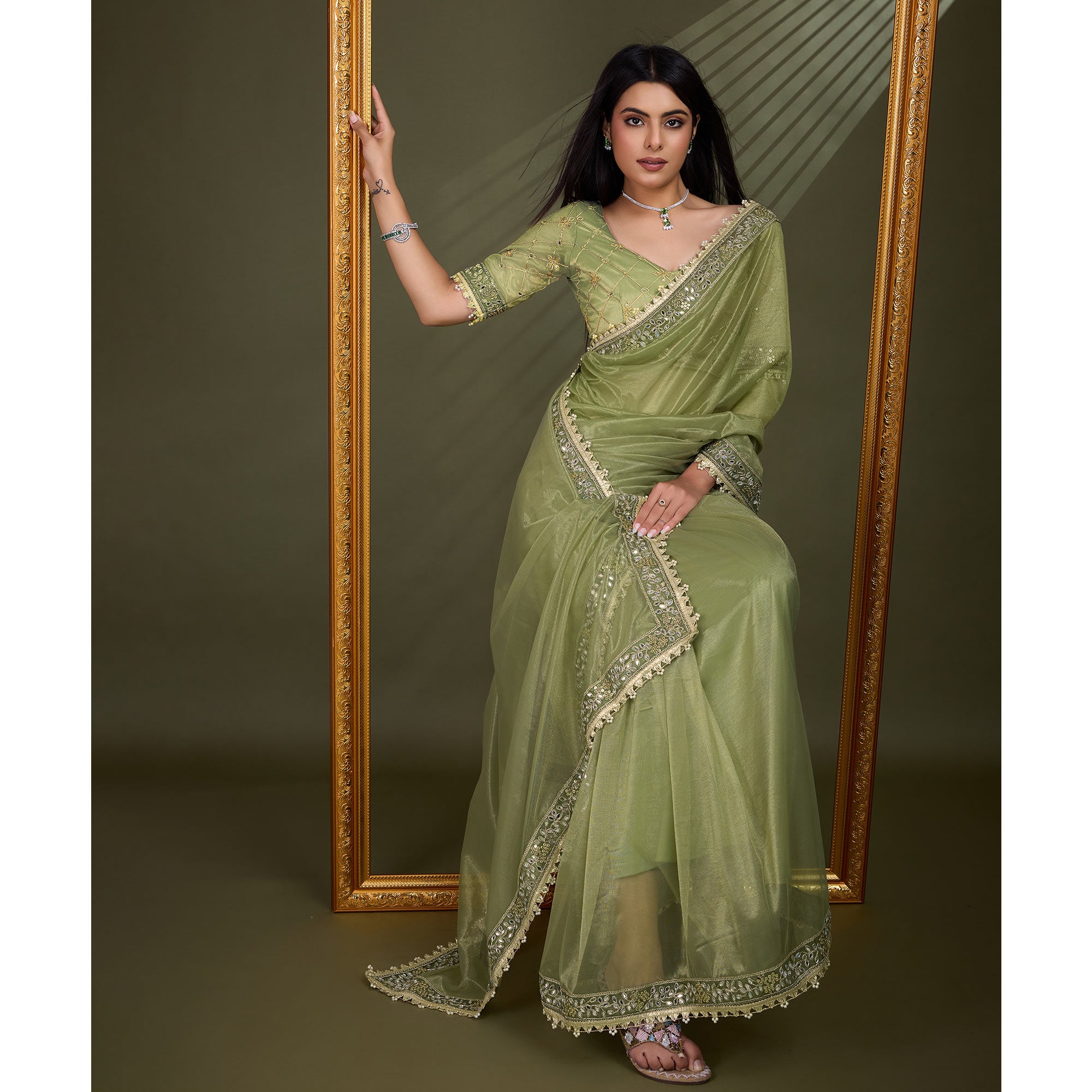 Green Sequins Embroidery With Mirror Handwork Twill Net Saree