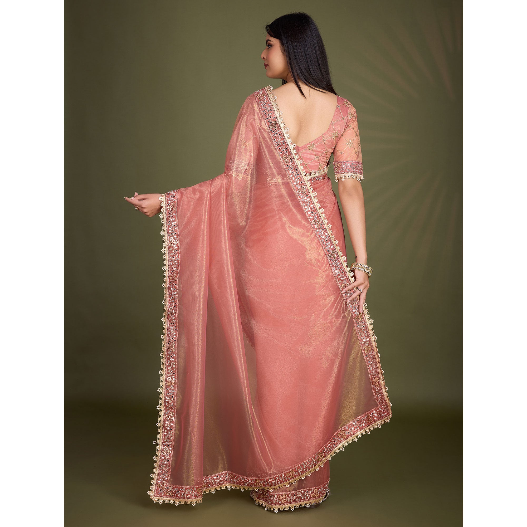 Peach Sequins Embroidery With Mirror Handwork Twill Net Saree