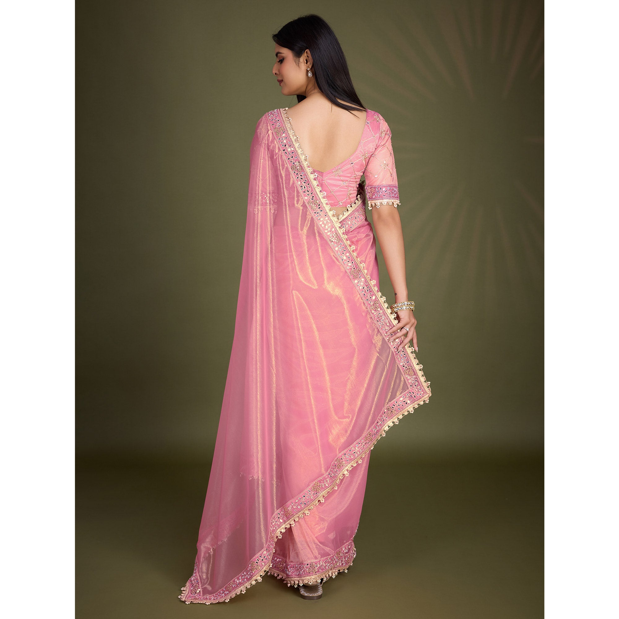 Light Pink Sequins Embroidery With Mirror Handwork Twill Net Saree