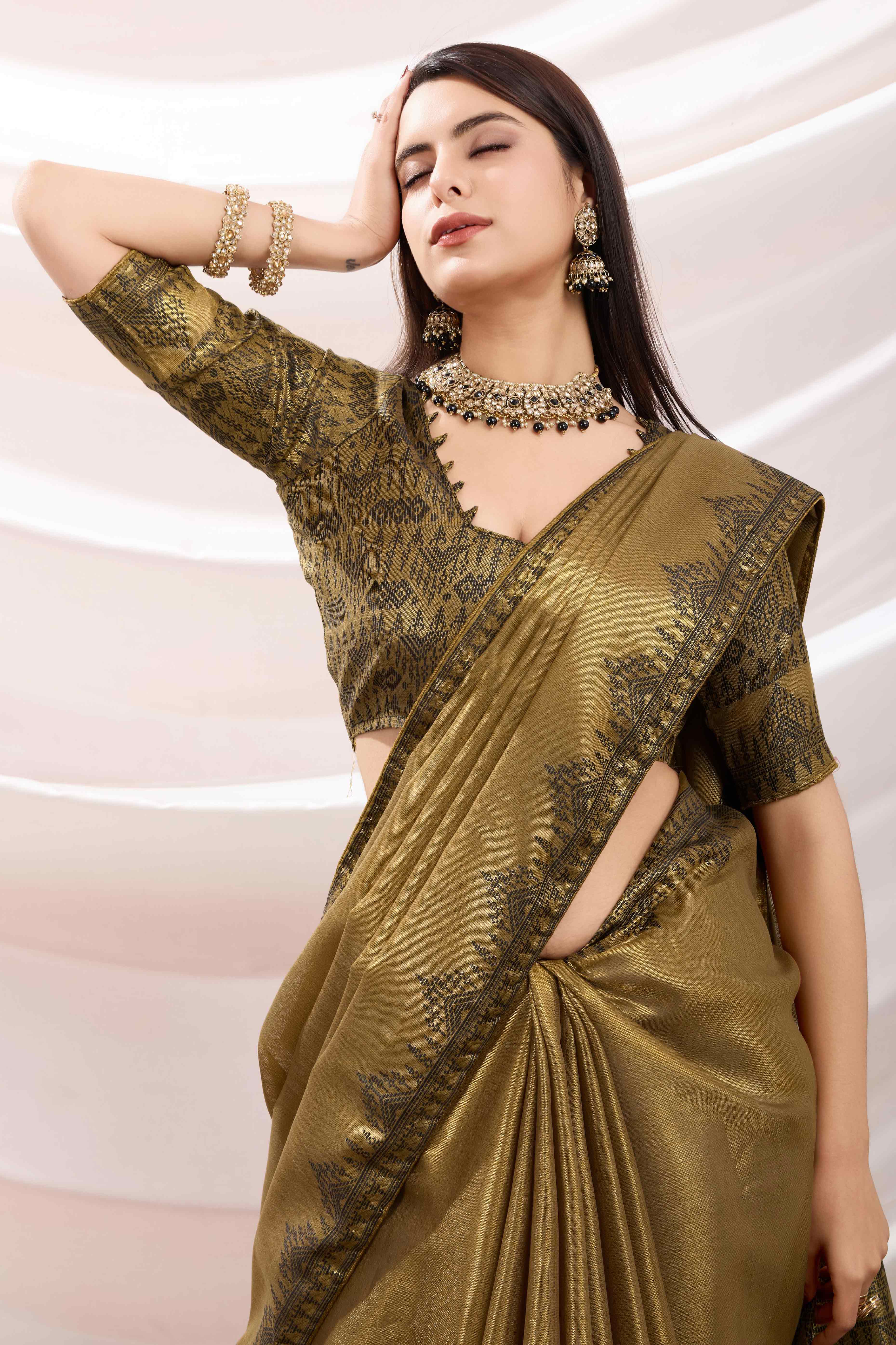 Mehendi Green Festive Linen Tissue Saree with Zari Borders