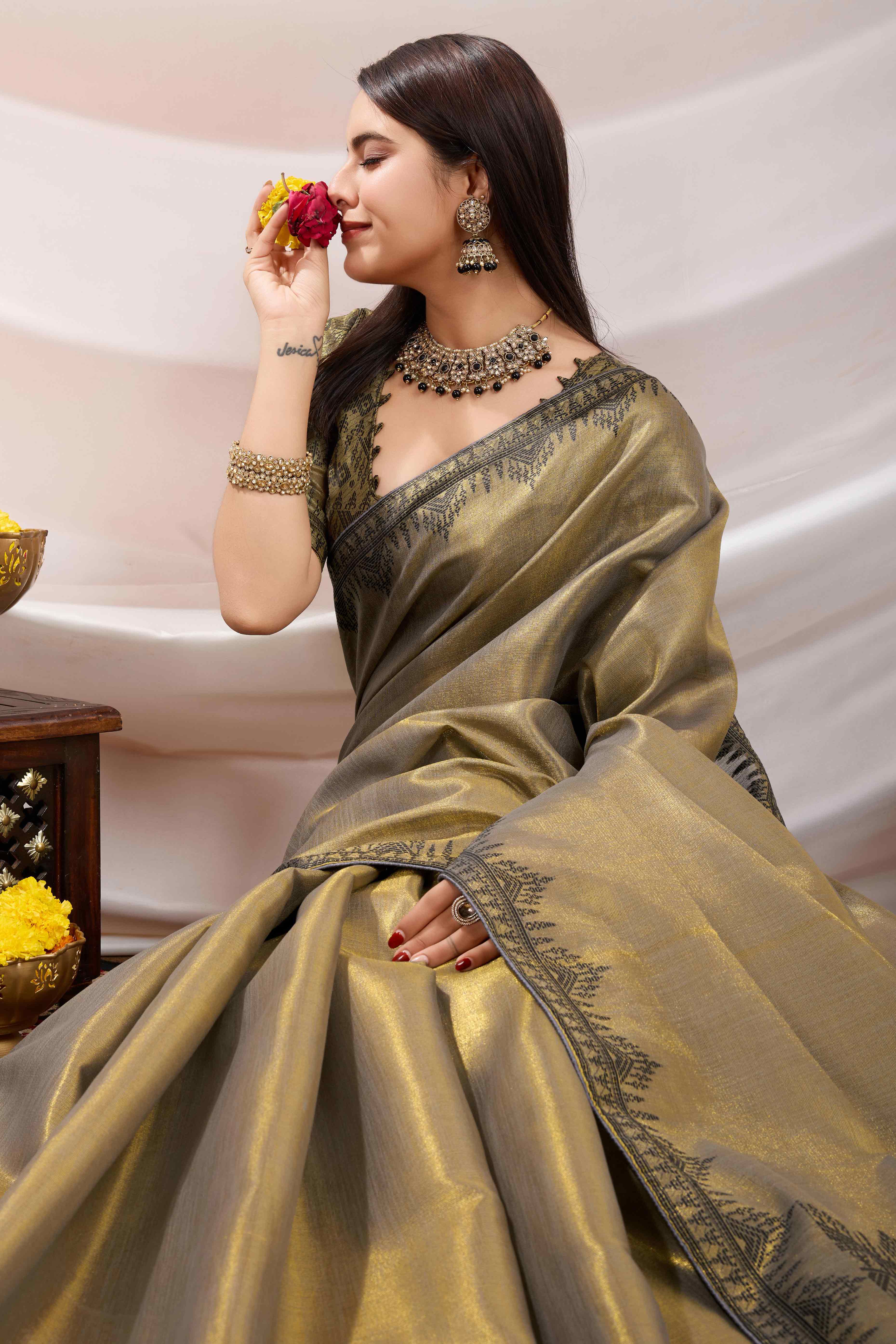 Dusty Green Festive Linen Tissue Saree with Zari Borders