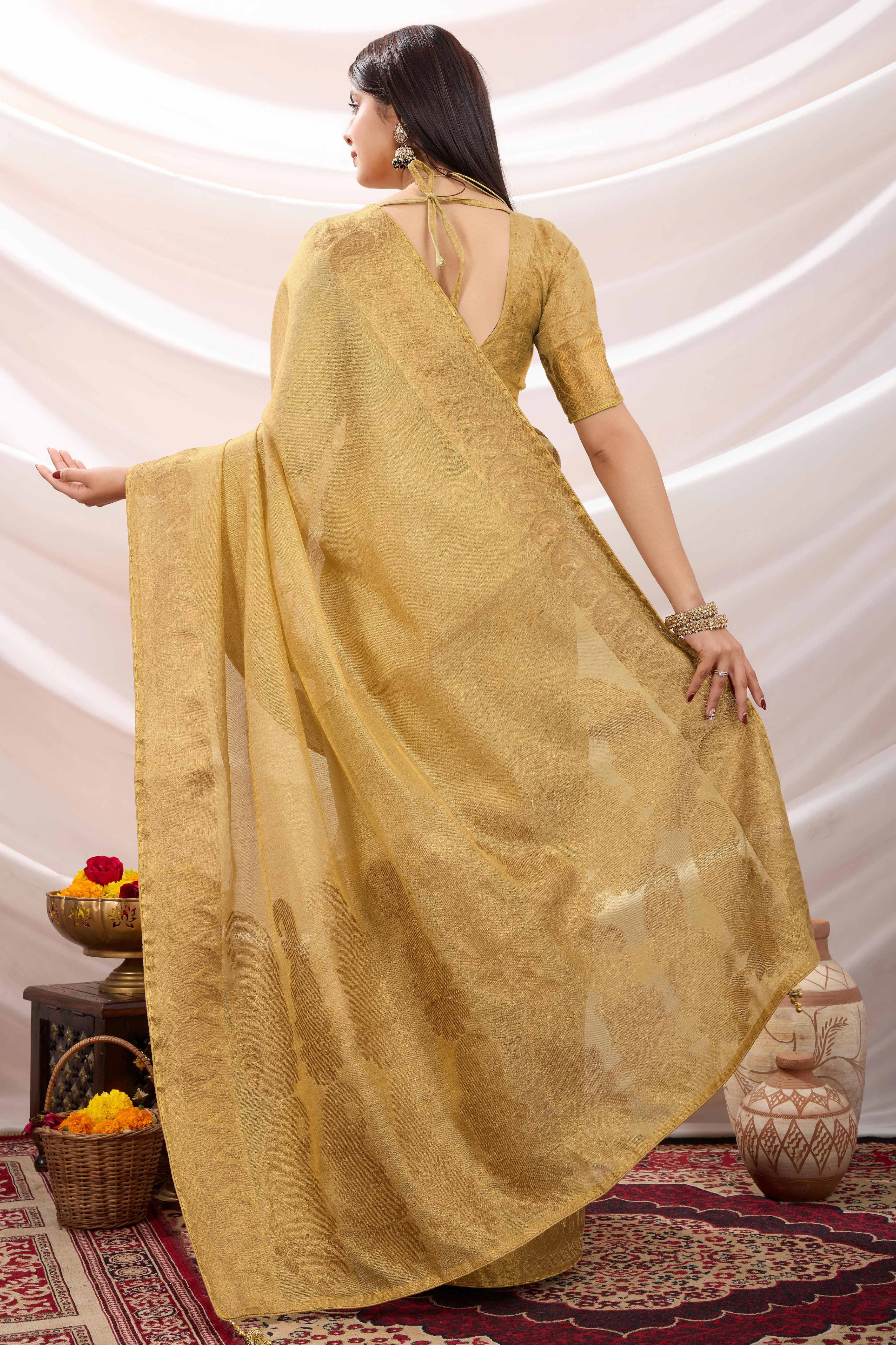 Beige Festive Linen Tissue Saree with Zari Borders