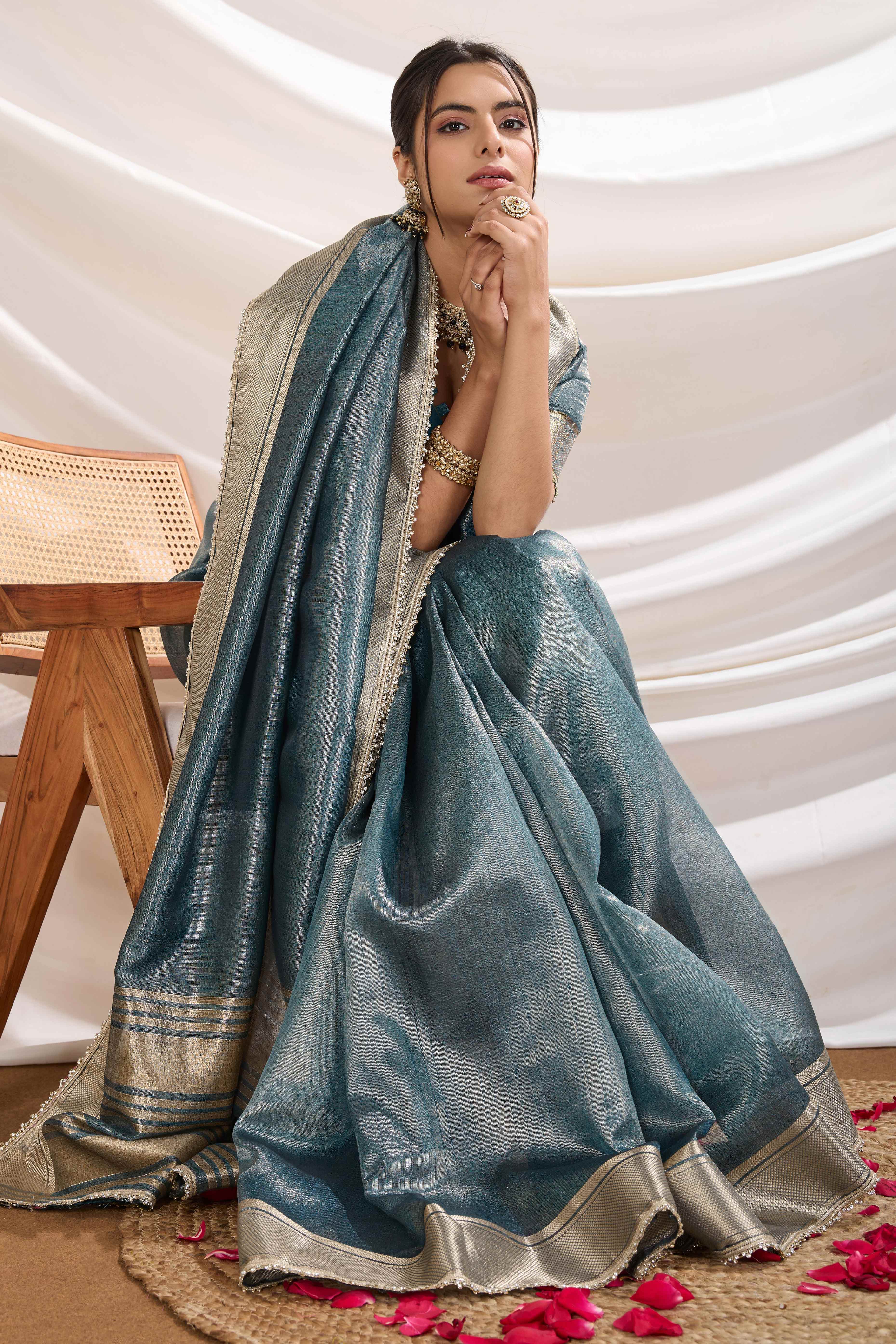 Blue Solid Linen Tissue Saree With Weaving & Zarkan Lace Border