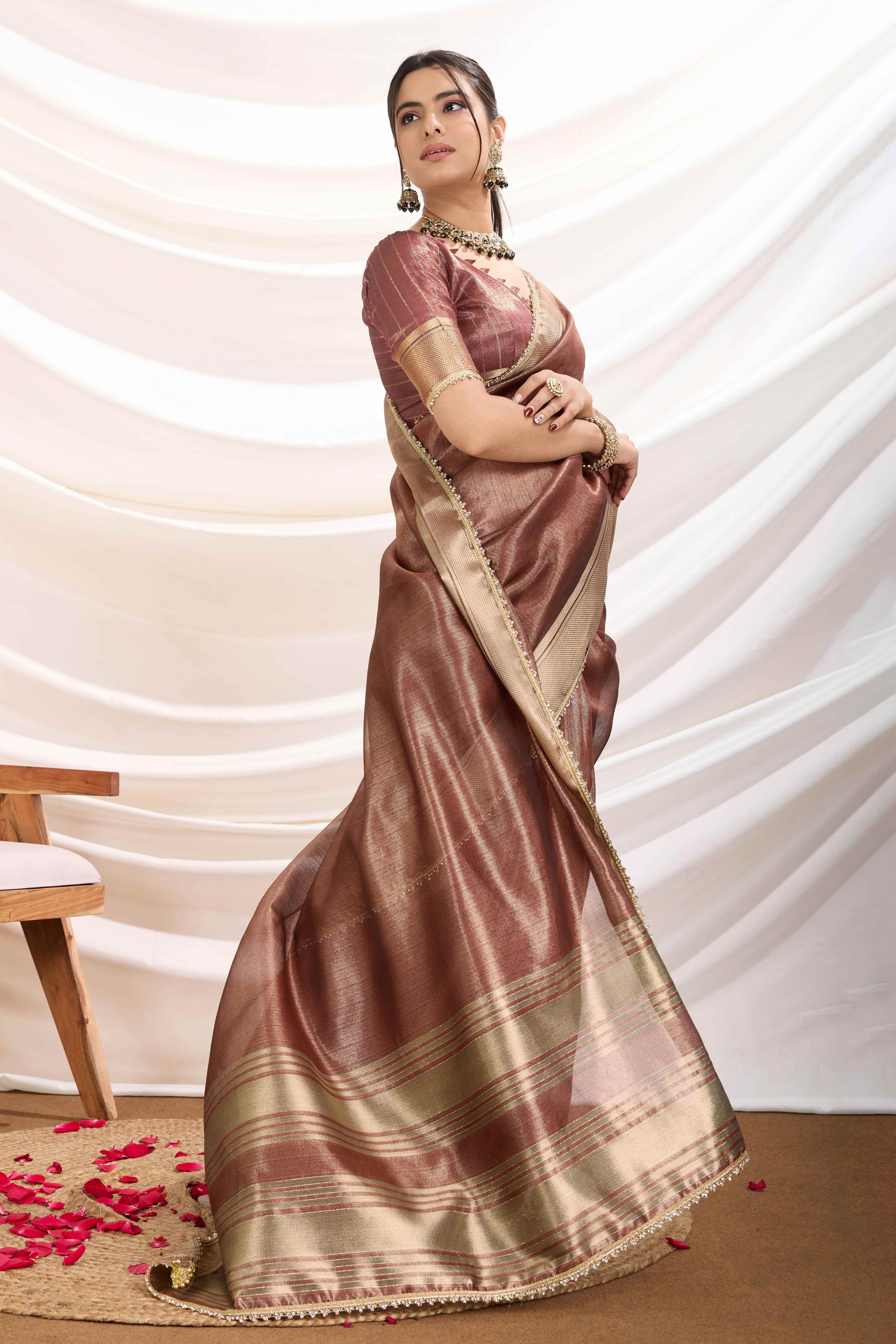 Brown Solid Linen Tissue Saree With Weaving & Zarkan Lace Border