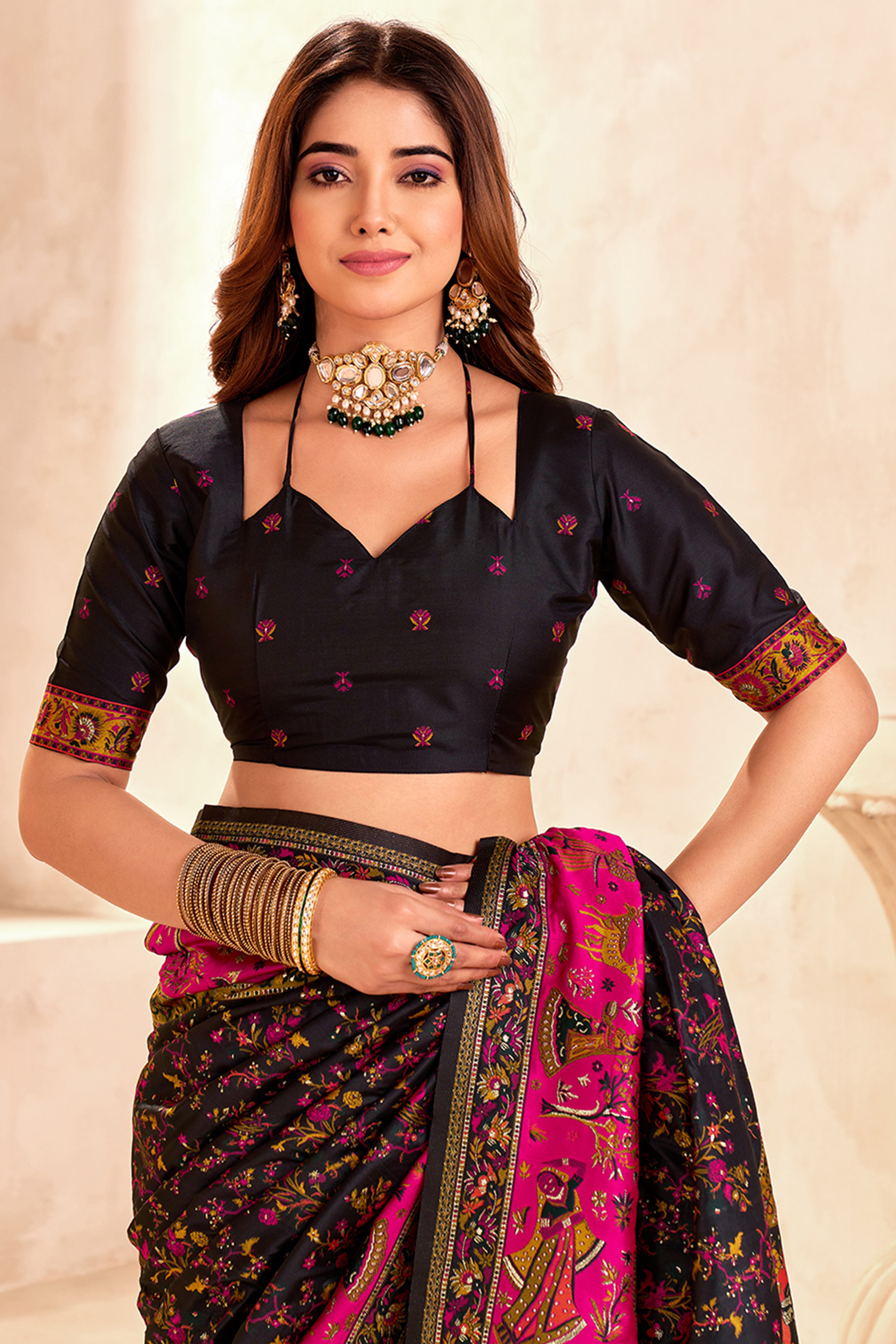 Traditional Black Rajwadi Weaving Pashmina Silk Saree With Kashmiri Pallu & Elegant Zari Border