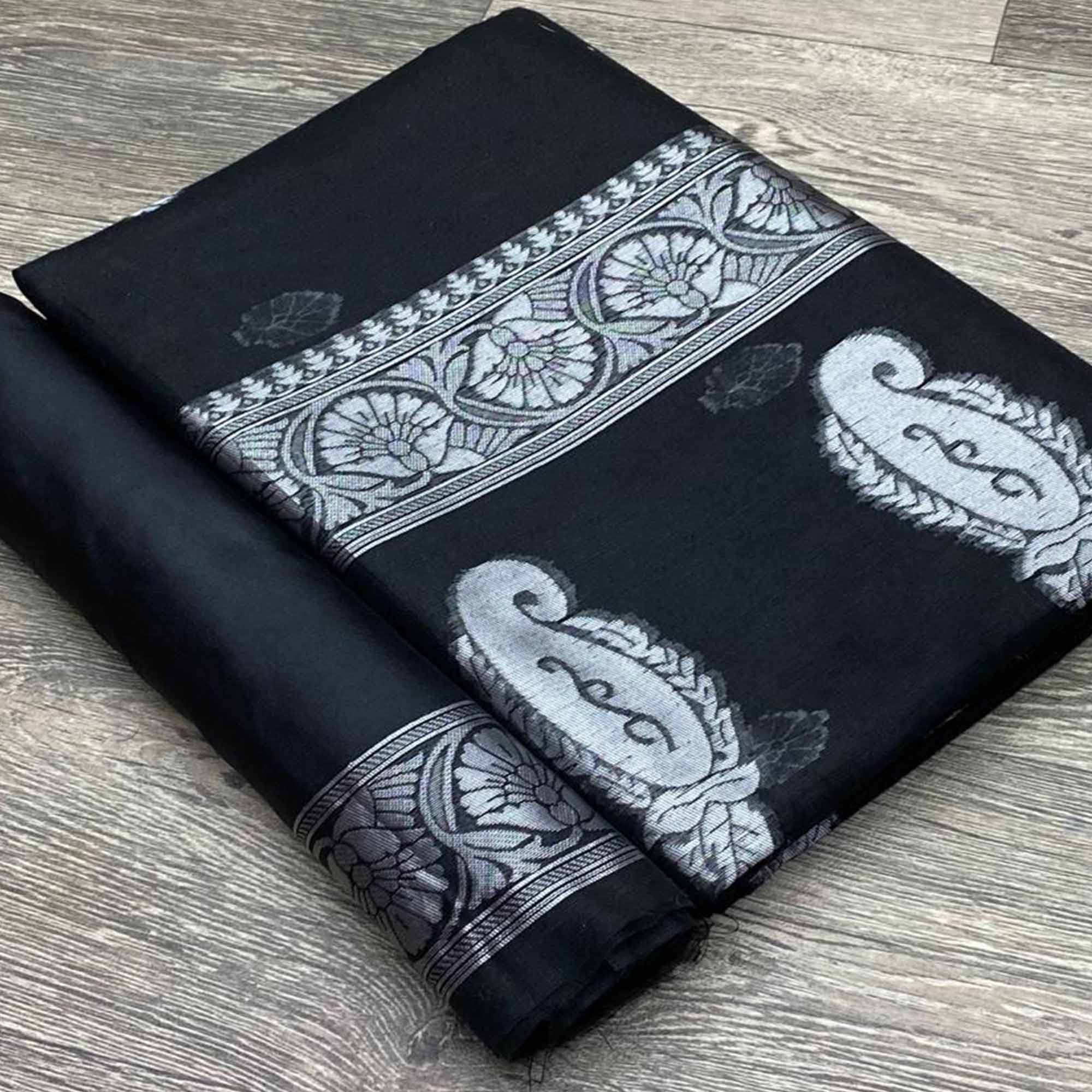 Black Soft Linen Saree Featuring Butti Pattern & Zari Weave